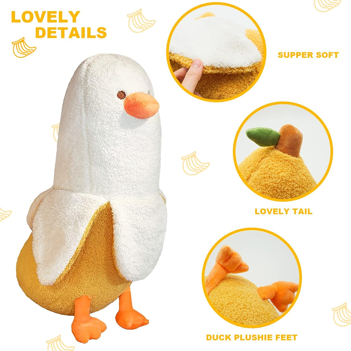Ein Plüsch-Bananen-Entenspielzeug mit weißer Schale, gelbem Körper, orangefarbenem Schnabel und Füßen. Details umfassen eine weiche Textur und einen Entenschwanz.