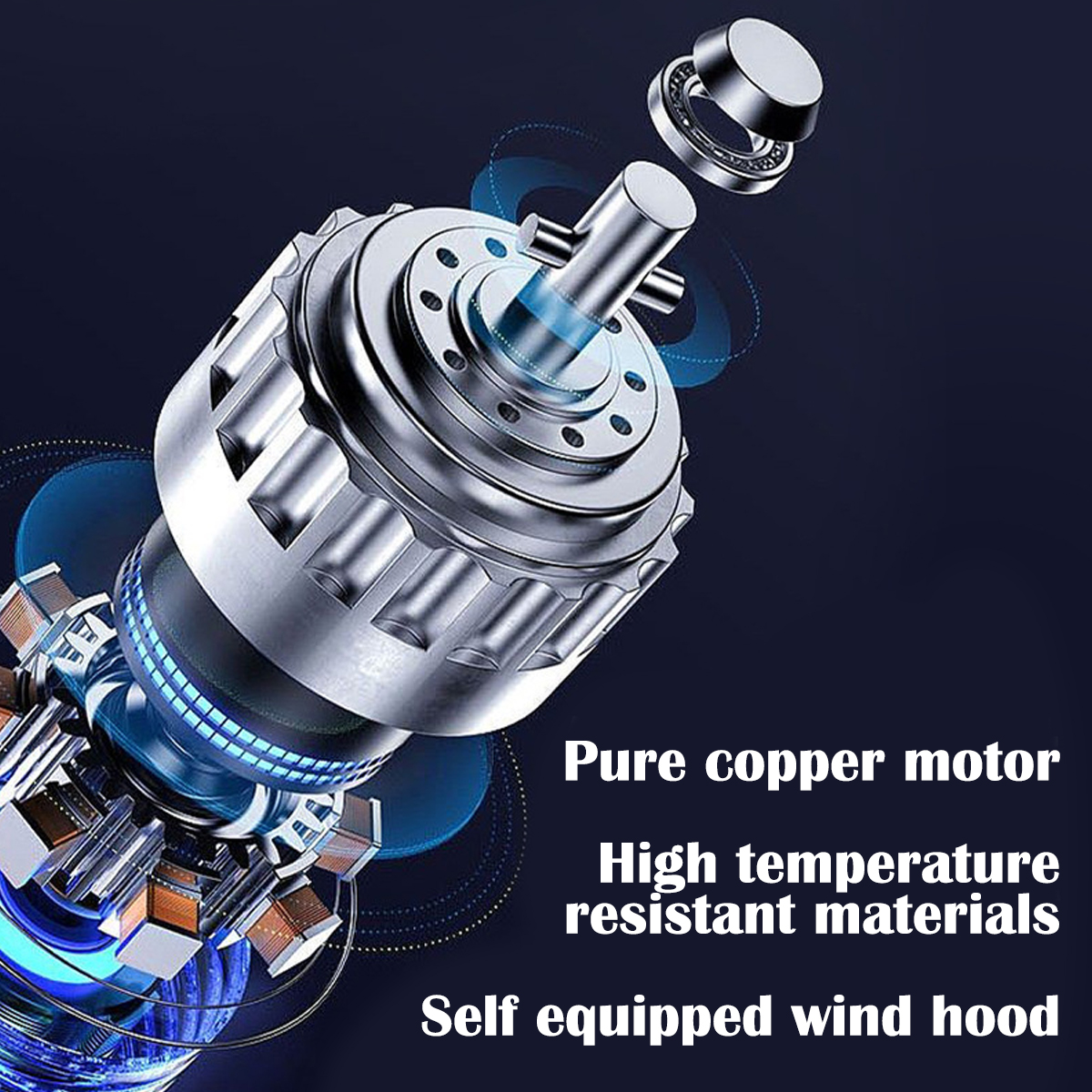 Ein zerlegter Motor mit Metallkomponenten und Lagern. Der Text weist auf einen reinen Kupfermotor und Hitzebeständigkeit hin.