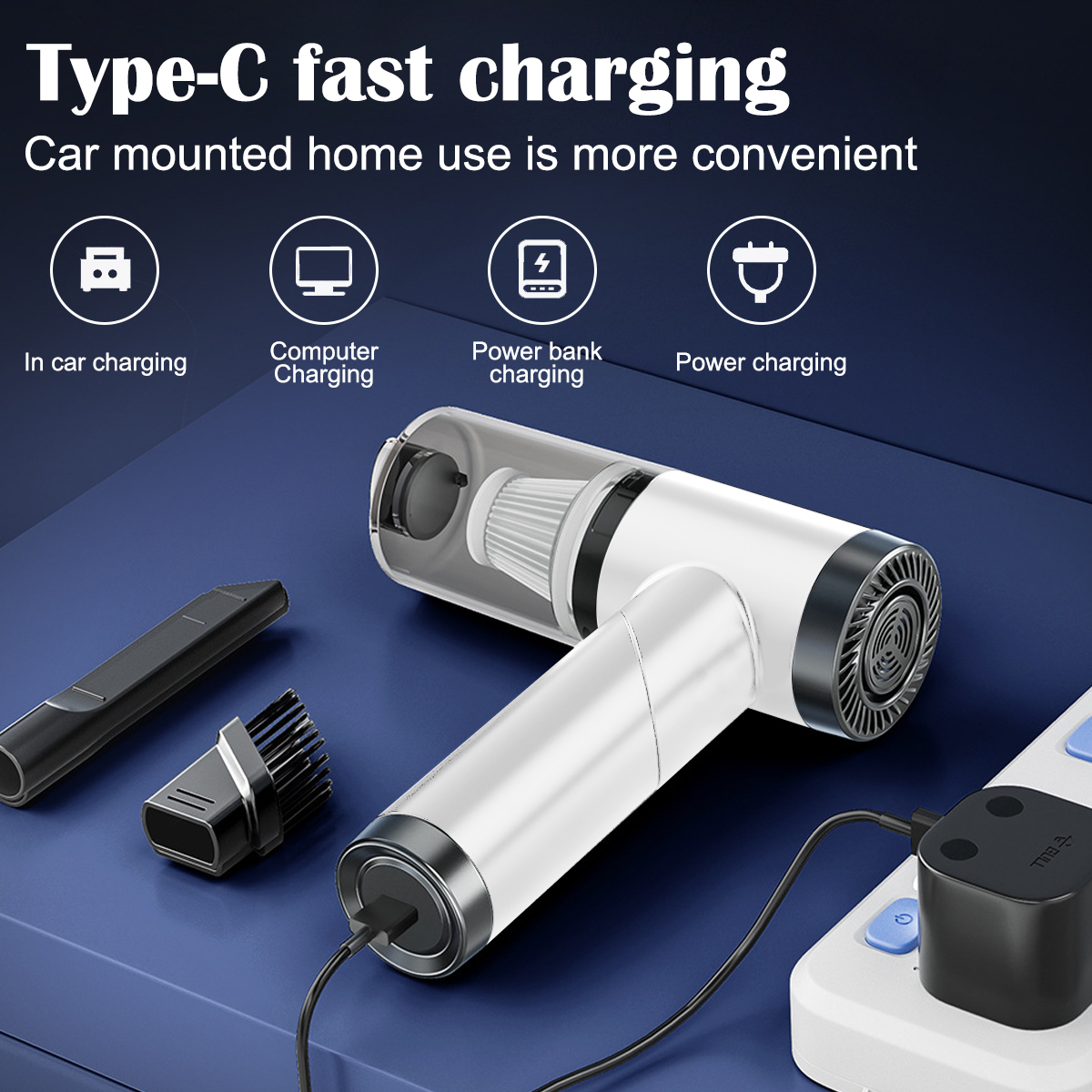 Ein weiß-schwarzer Handstaubsauger mit Zubehör. Es zeigt Ladeoptionen: Auto, Computer, Powerbank und Strom.