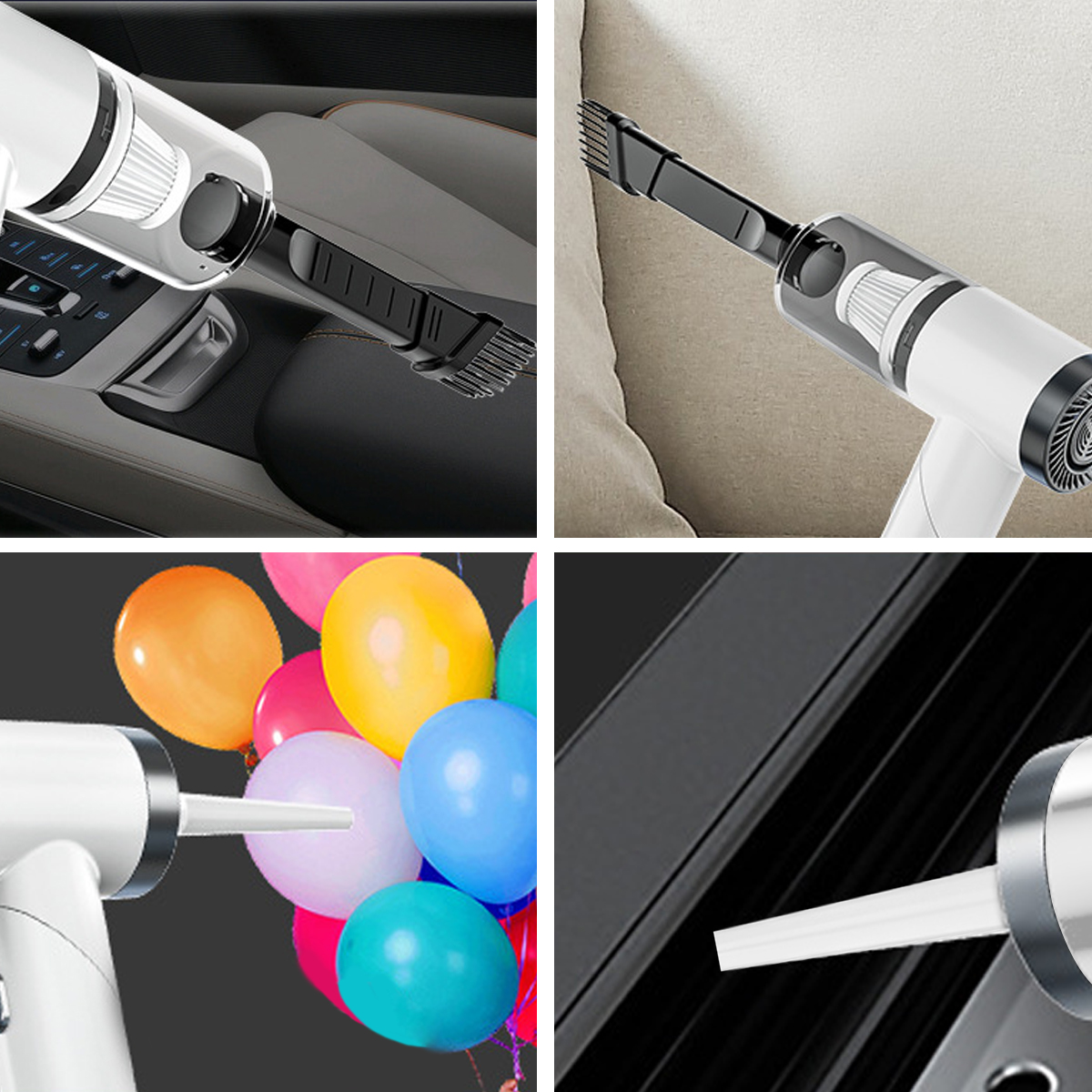 Ein weißer Handstaubsauger, der einen Autoinnenraum, eine Couch und eine schwarze Oberfläche reinigt. Luftballons sind im Hintergrund.