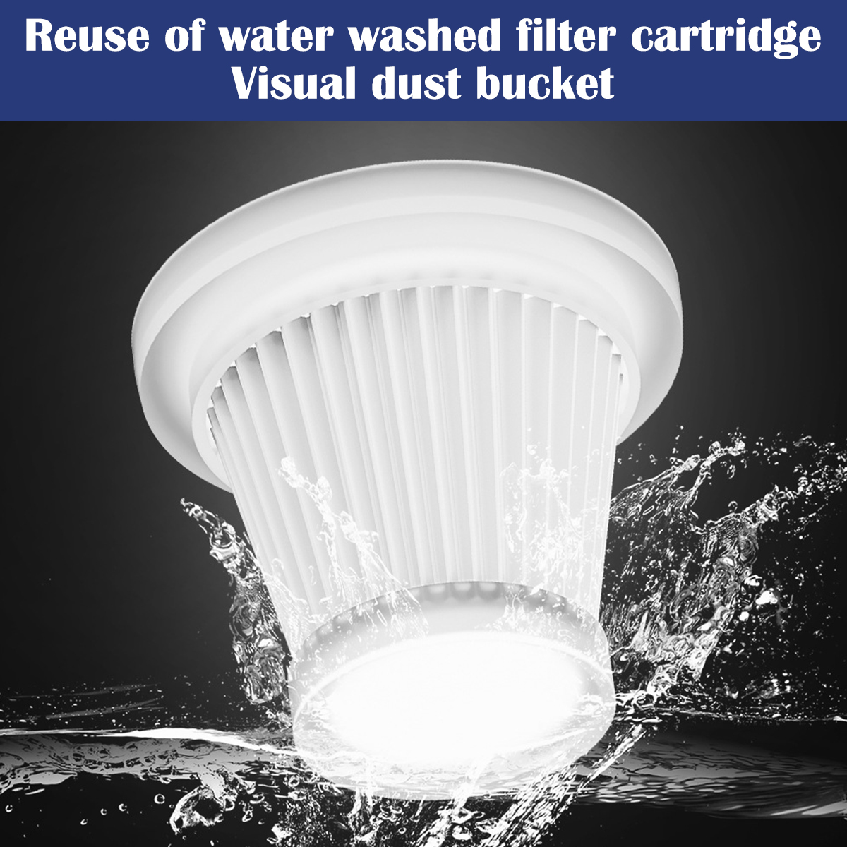 Ein weißer Filtereinsatz wird mit Wasser gewaschen. Wassertropfen und -spritzer sind vor dunklem Hintergrund sichtbar, was den Reinigungsprozess hervorhebt.