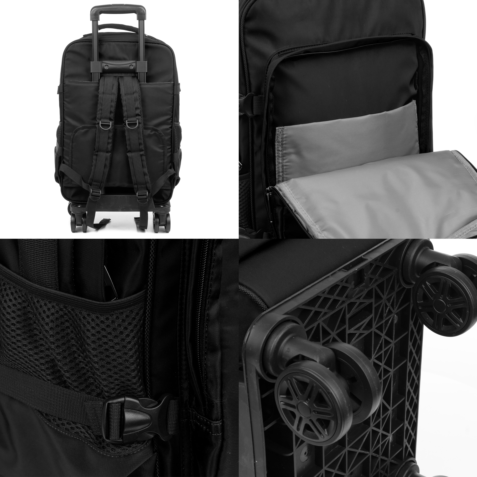 Zaino nero con ruote con più scomparti, manico e ruote. Le caratteristiche includono cinghie e tasche in rete. Sfondo bianco.