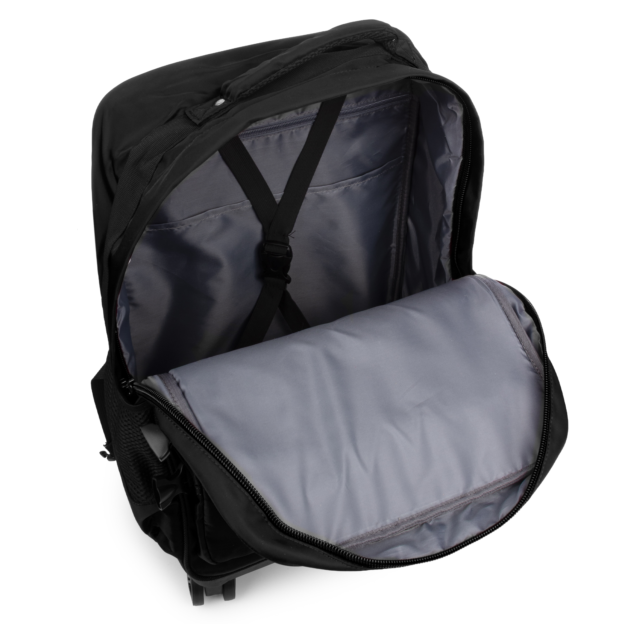 Zaino nero, aperto che mostra l'interno grigio con tasche e cinghie. Cerniere e manico visibili.