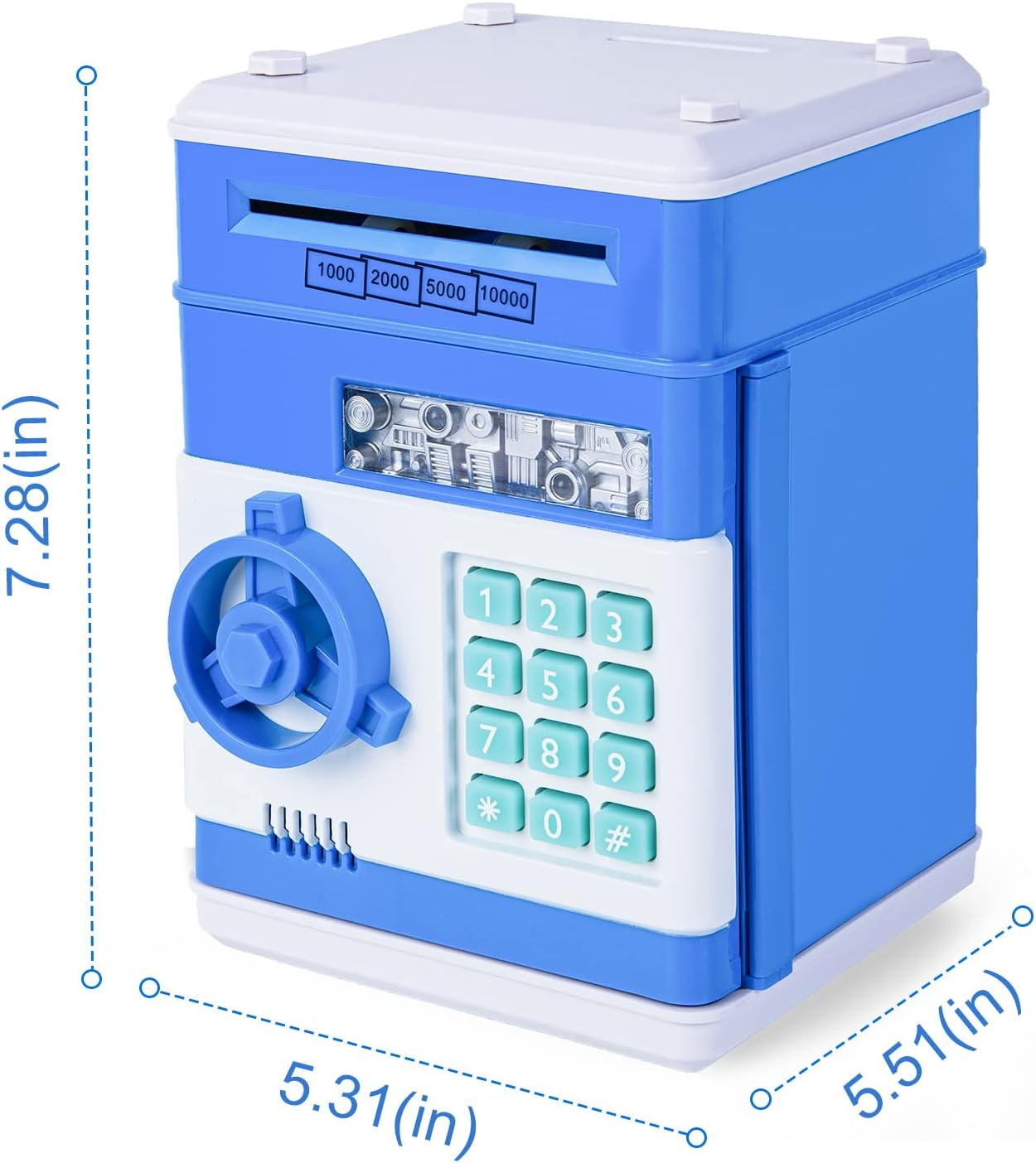 Blau-weißer Spielzeugtresor mit Tastatur und Geldschlitz. Er hat Zahlen und Abmessungen auf der Seite.