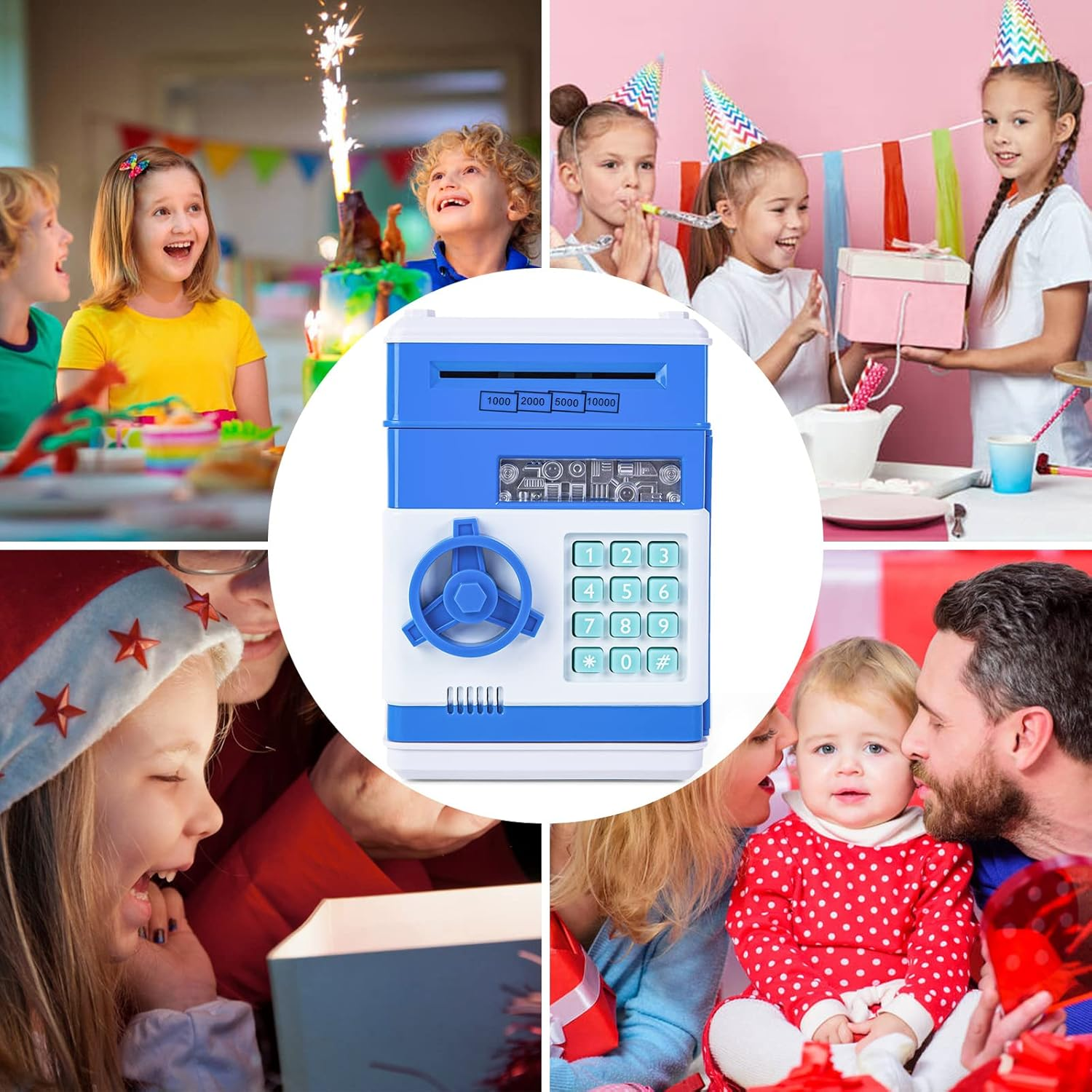 Zusammengesetztes Bild, das Kinder beim Feiern mit Geschenken und einer Geburtstagstorte zeigt. In der Mitte befindet sich ein blau-weißes Sparschwein.