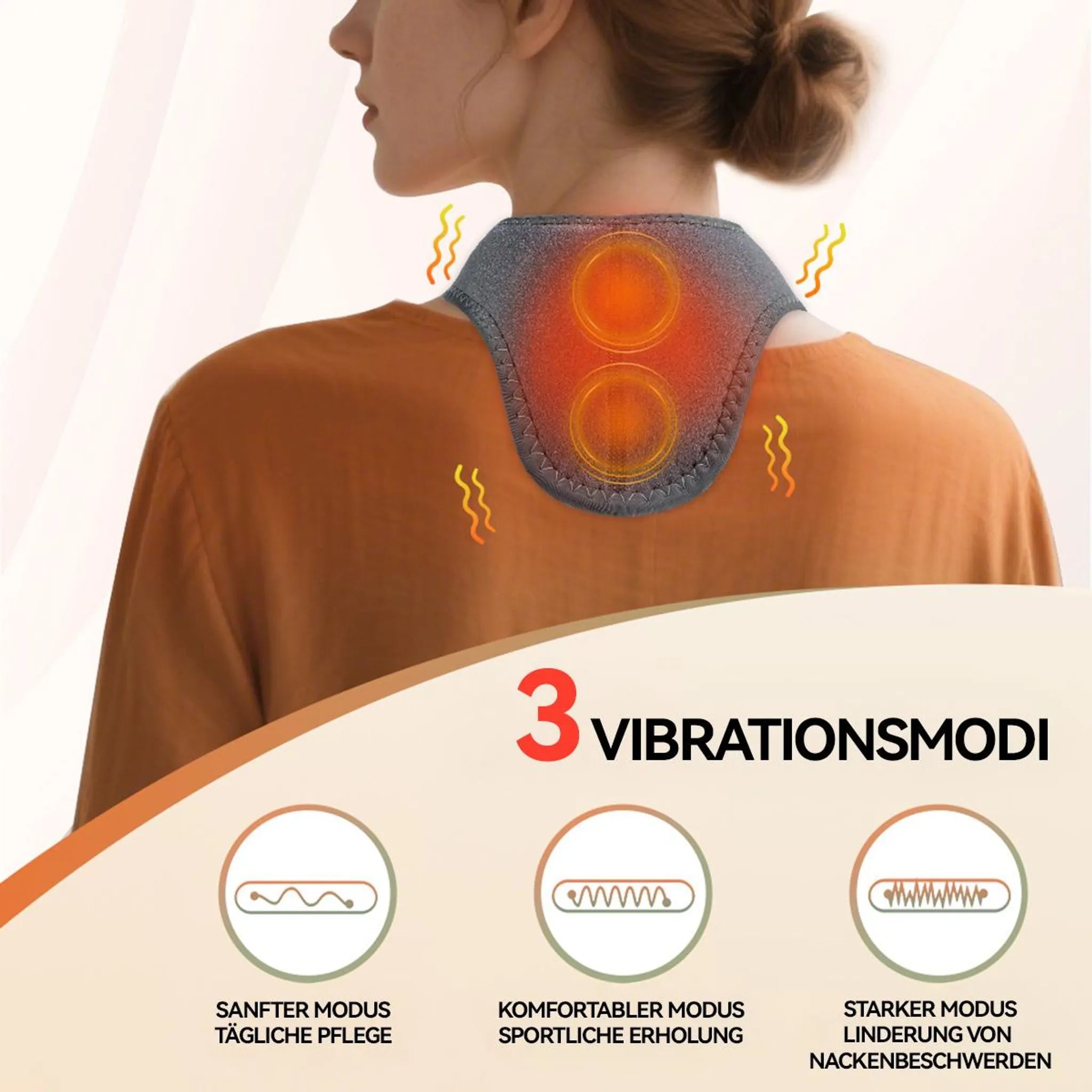 Eine Frau trägt eine Nackenstütze. Das Bild zeigt die Stütze und drei Vibrationsmodi.