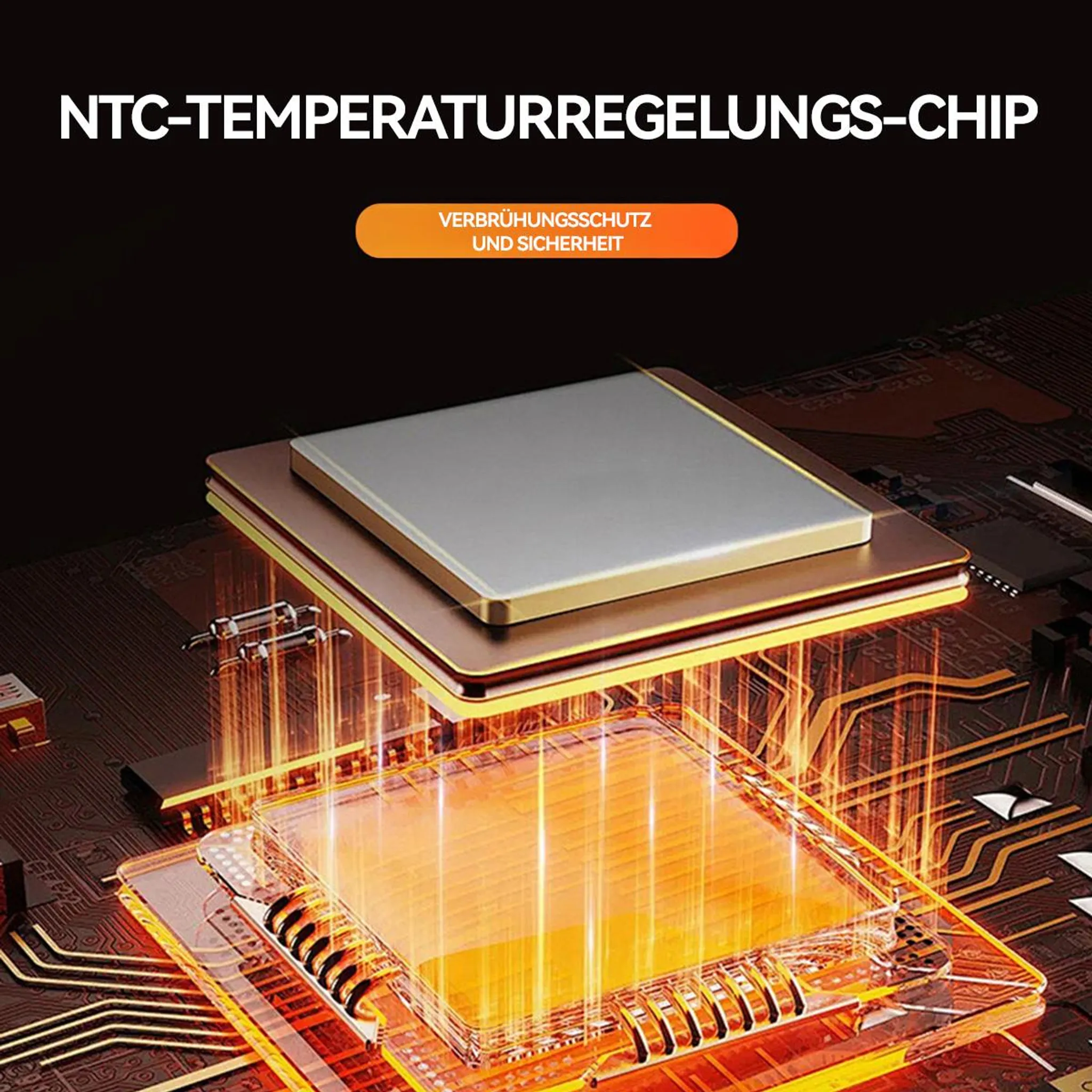 Das Bild zeigt einen goldenen und silbernen NTC Temperaturregelchip auf einer Leiterplatte.