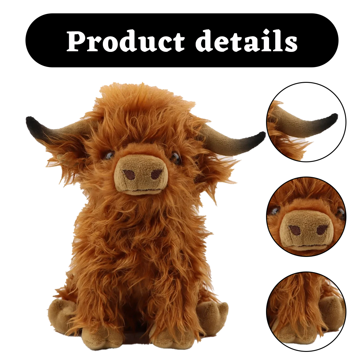 Ein Stofftier, eine braune Highland-Kuh mit großen Hörnern. Details umfassen Nahaufnahmen von Kopf, Hörnern und Füßen. Oben steht 'Produktdetails'.