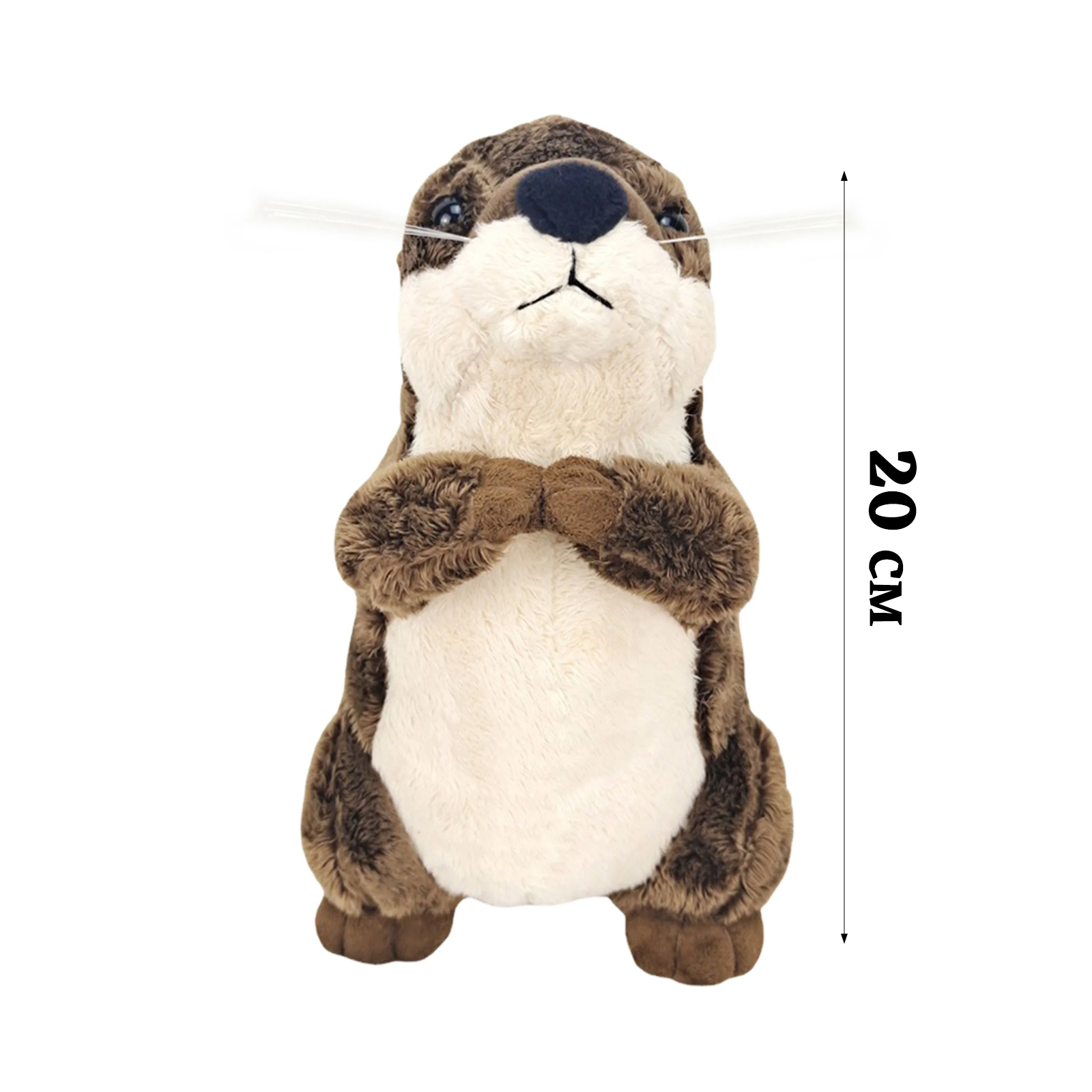 Ein Stoffotter, braun und weiß, steht aufrecht. Es hat kleine gekreuzte Arme. 20 cm Messung ist gezeigt.