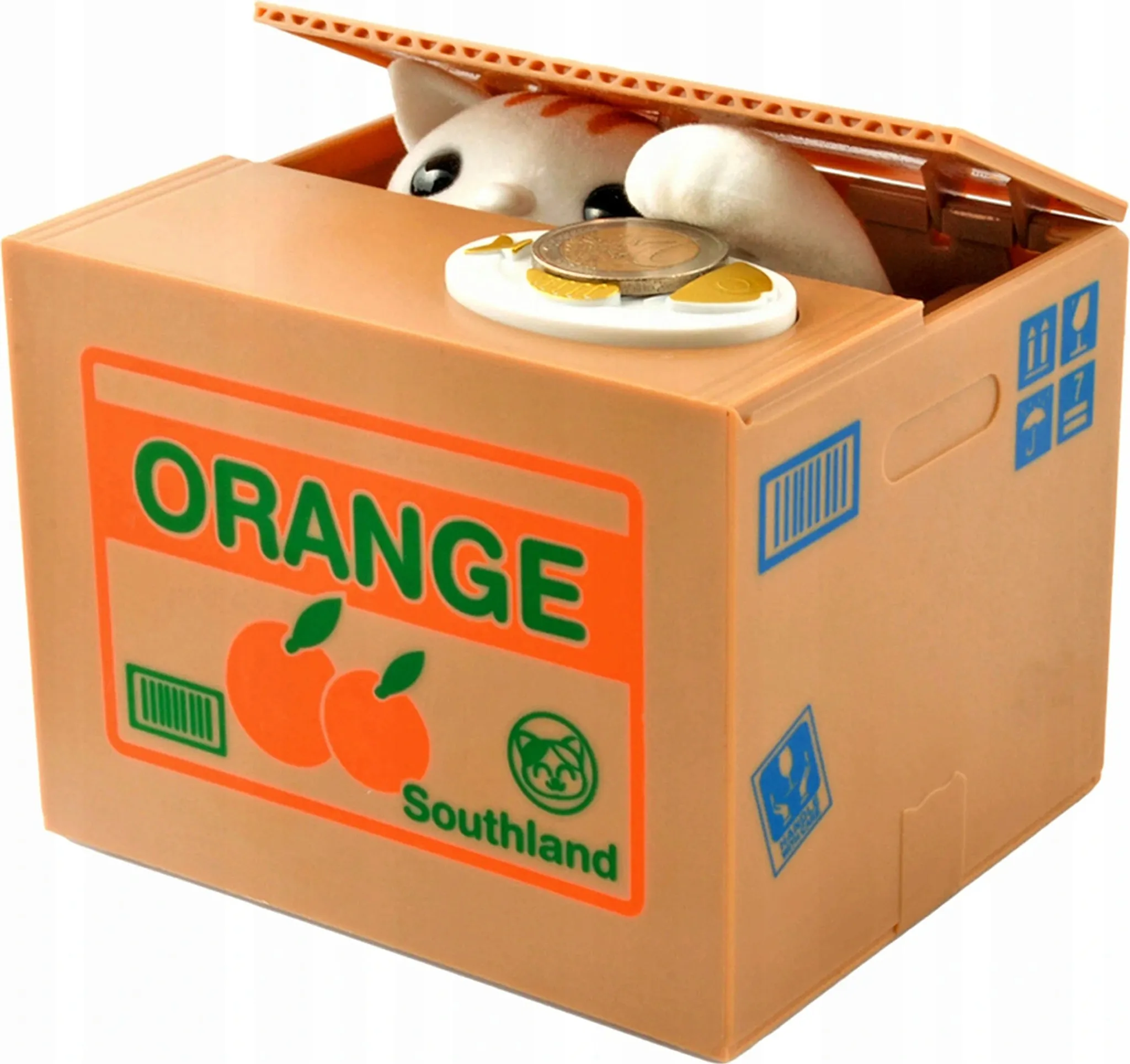 Eine katzenförmige Spardose. Sie ist orange und hat einen Münzschlitz. Eine Katzenpfote ist zu sehen, die Münzen einwirft.