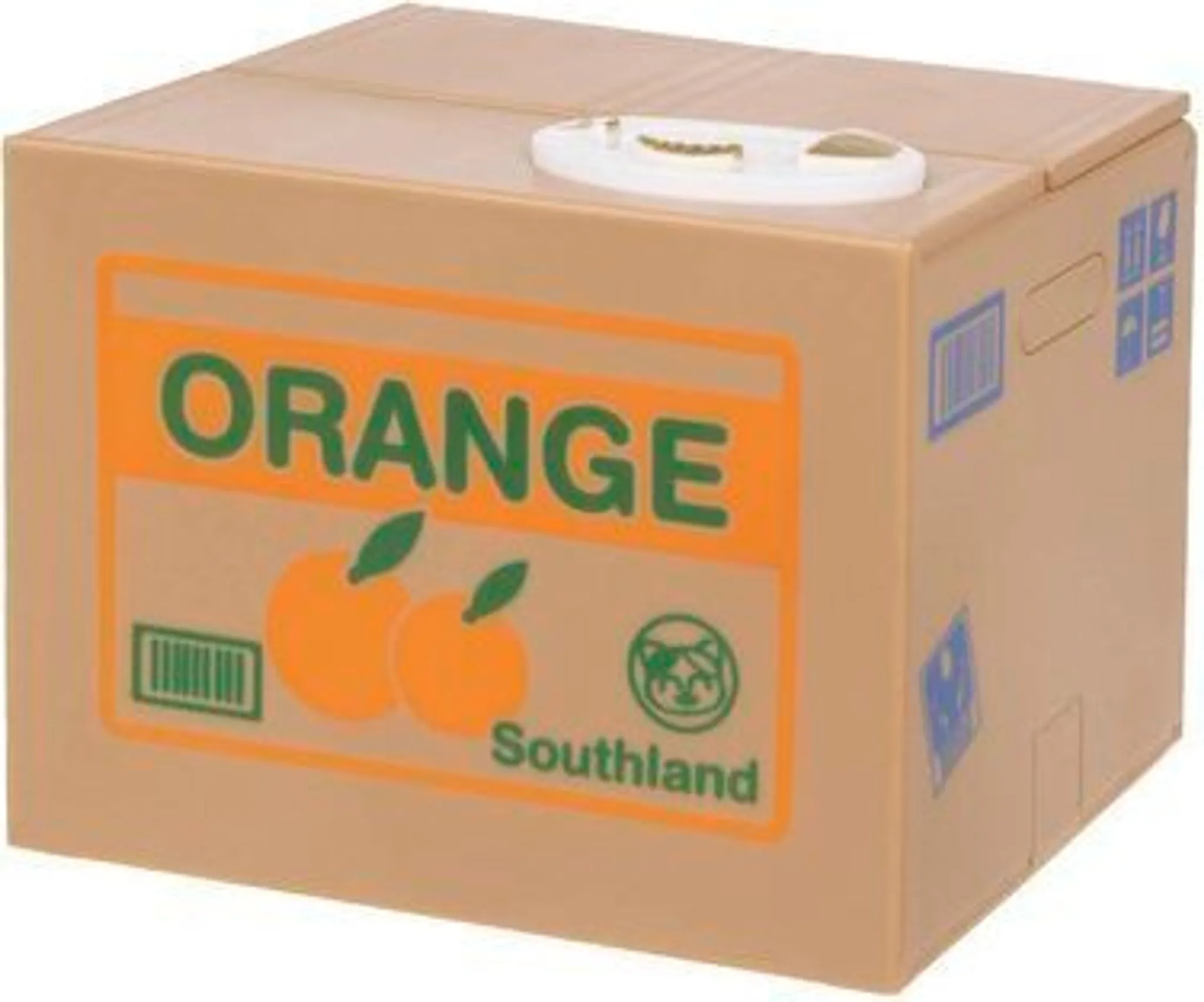 Eine beigefarbene Box mit dem Wort 'ORANGE' und Orangenillustrationen. Sie hat einen Schlitz und Details.