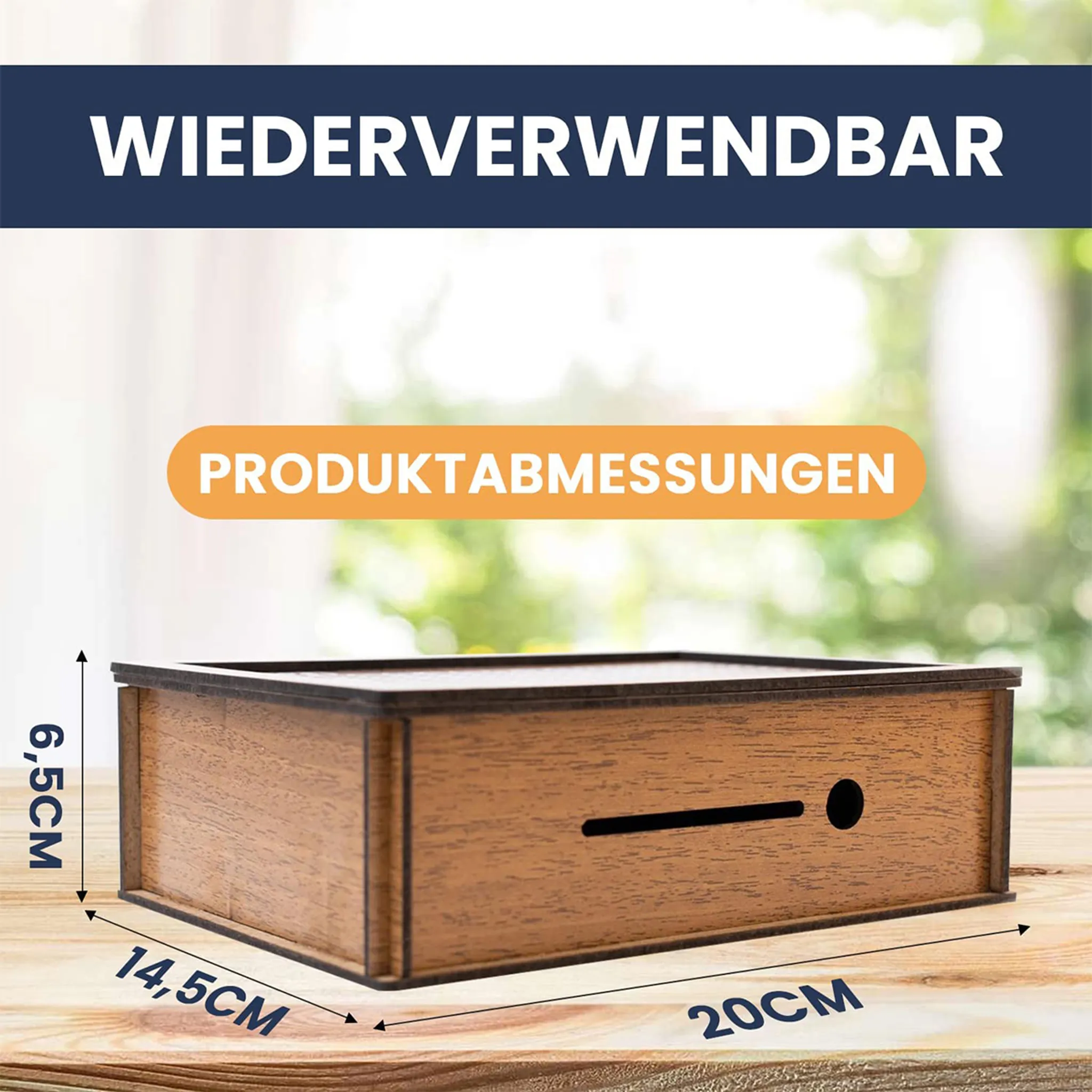 Holzkiste mit Größenangaben. Die Wörter 'WIEDERVERWENDBAR' und 'PRODUKTABMESSUNGEN' sind sichtbar.