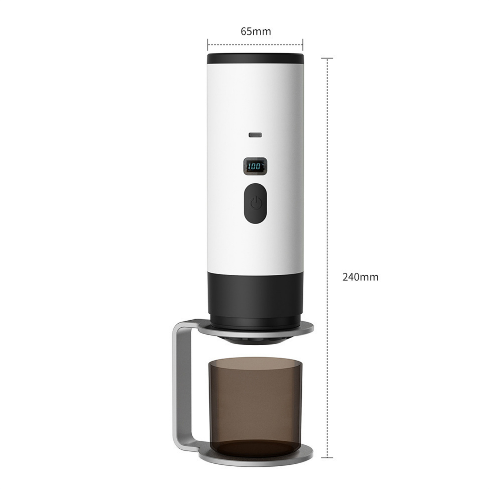 Ein weißes und schwarzes zylindrisches Gerät mit digitaler Anzeige, Power-Taste und einer braunen Tasse, gehalten von einem Metallständer.