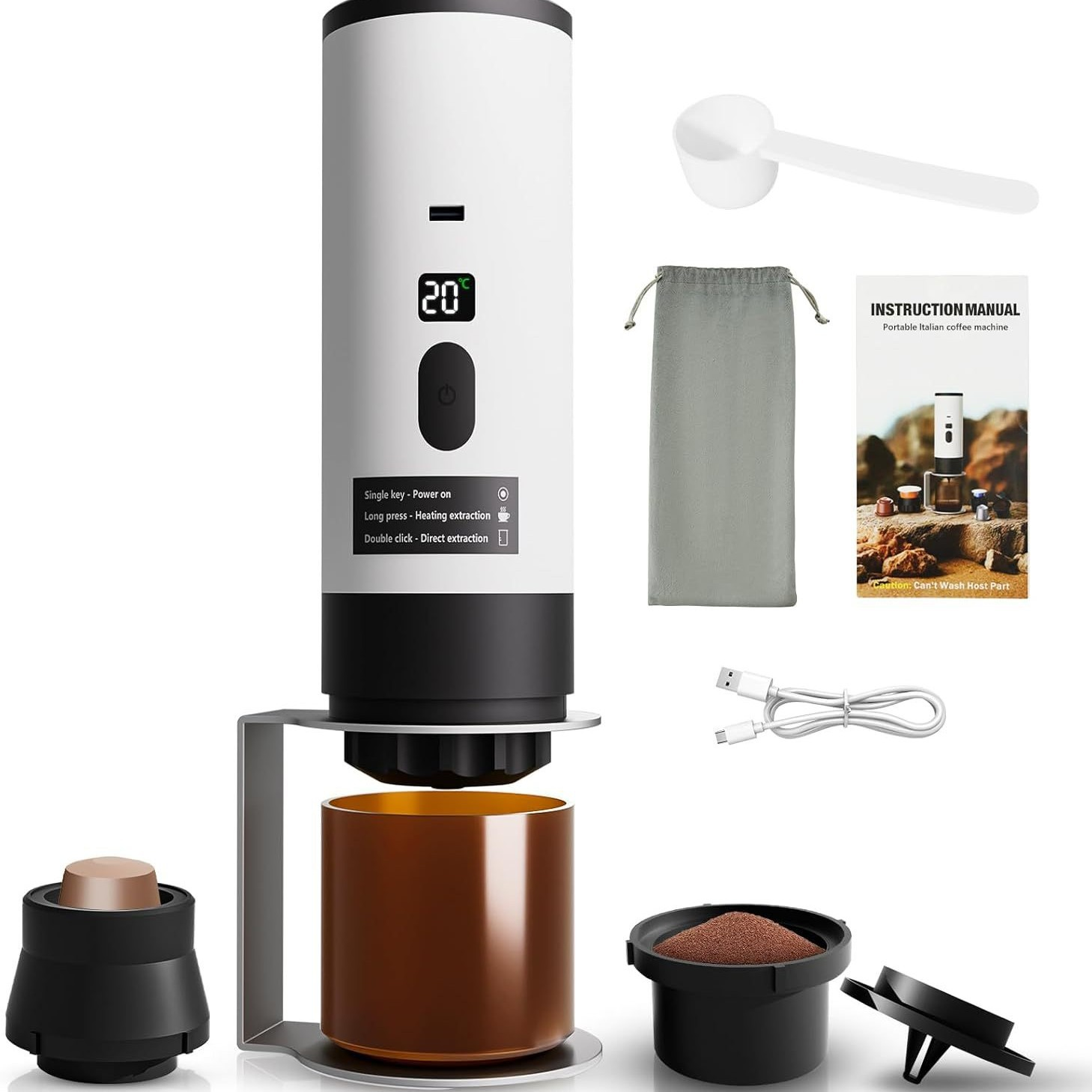 Eine weiß-schwarze tragbare italienische Kaffeemaschine mit Zubehör. Enthält einen Löffel, ein Handbuch, ein USB-Kabel und eine kleine Tasche.
