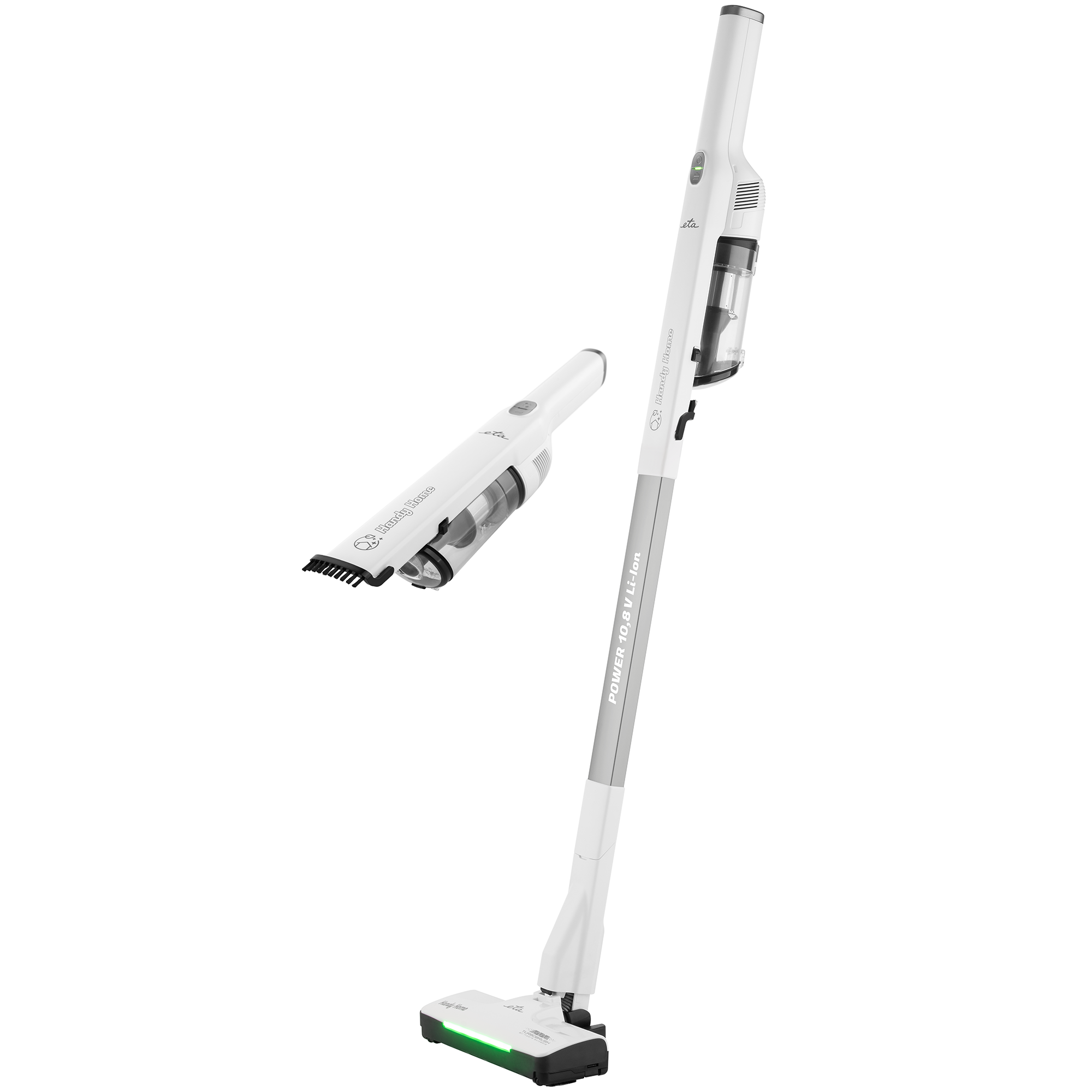 Aspirapolvere senza fili bianco con unità portatile staccabile. Dettagli grigi e luci verdi sulla testina.