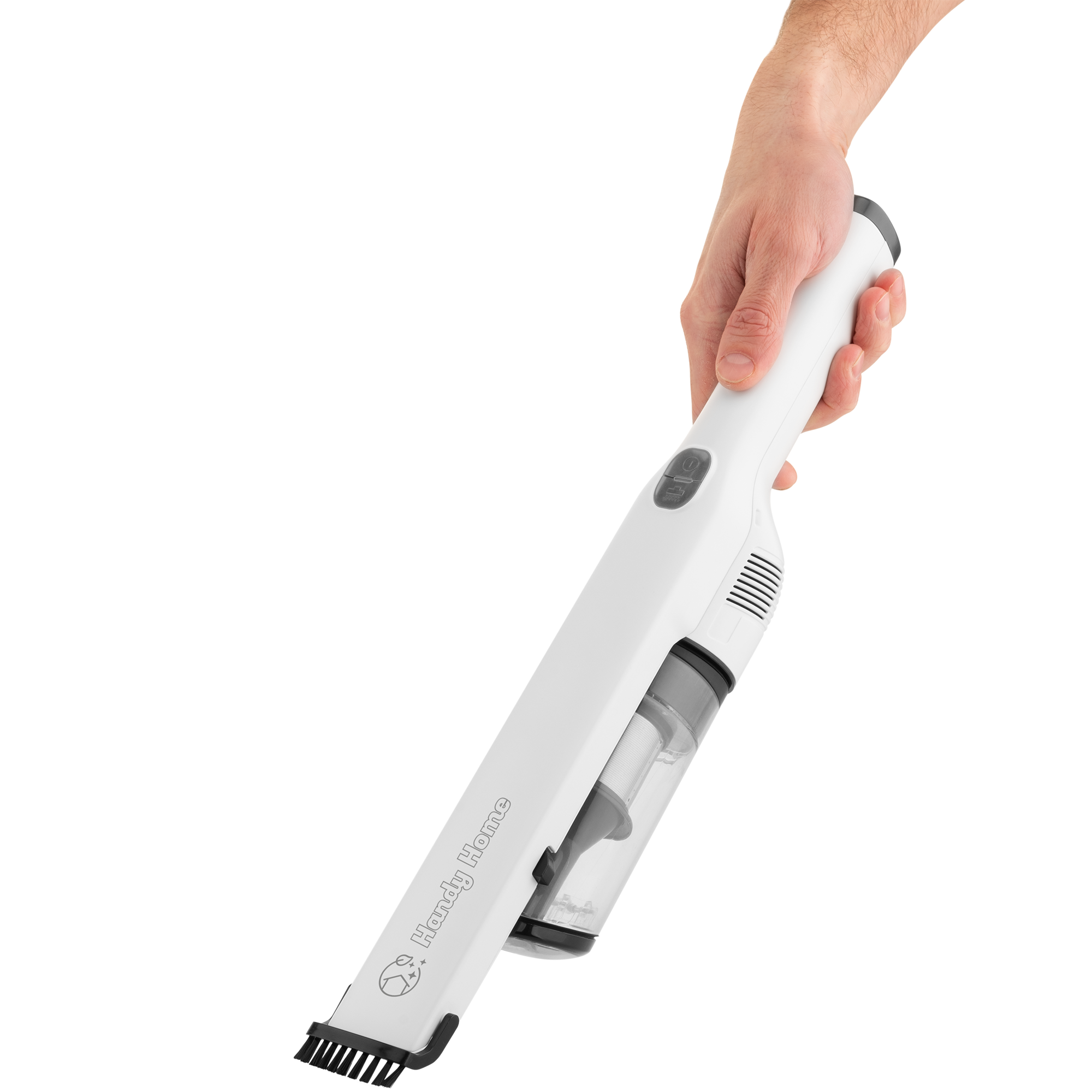 Un aspirapolvere portatile bianco e grigio è tenuto da una mano su sfondo bianco.