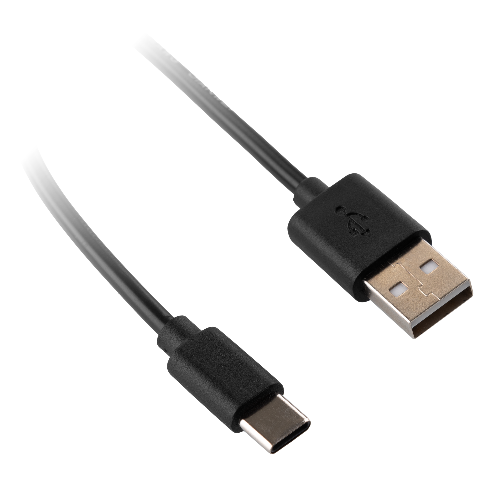 Un cavo USB nero con un connettore USB-C a un'estremità e un connettore USB-A all'altra, isolato su bianco.