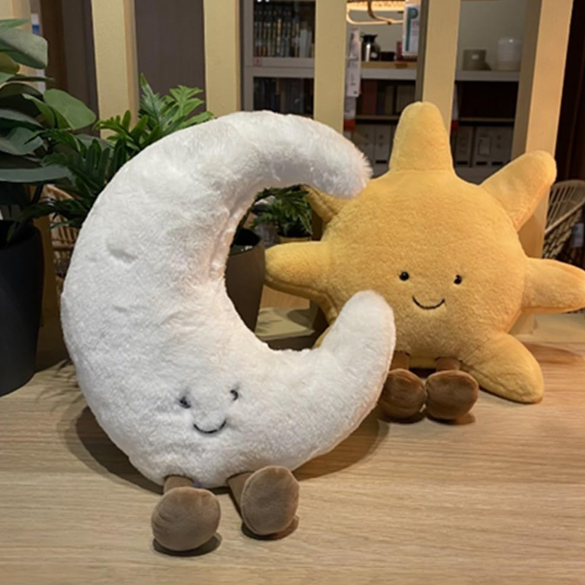 Ein Plüsch-Mond und eine Sonne mit lächelnden Gesichtern sitzen auf einer Holzoberfläche. Pflanzen und ein Bücherregal sind im Hintergrund sichtbar.
