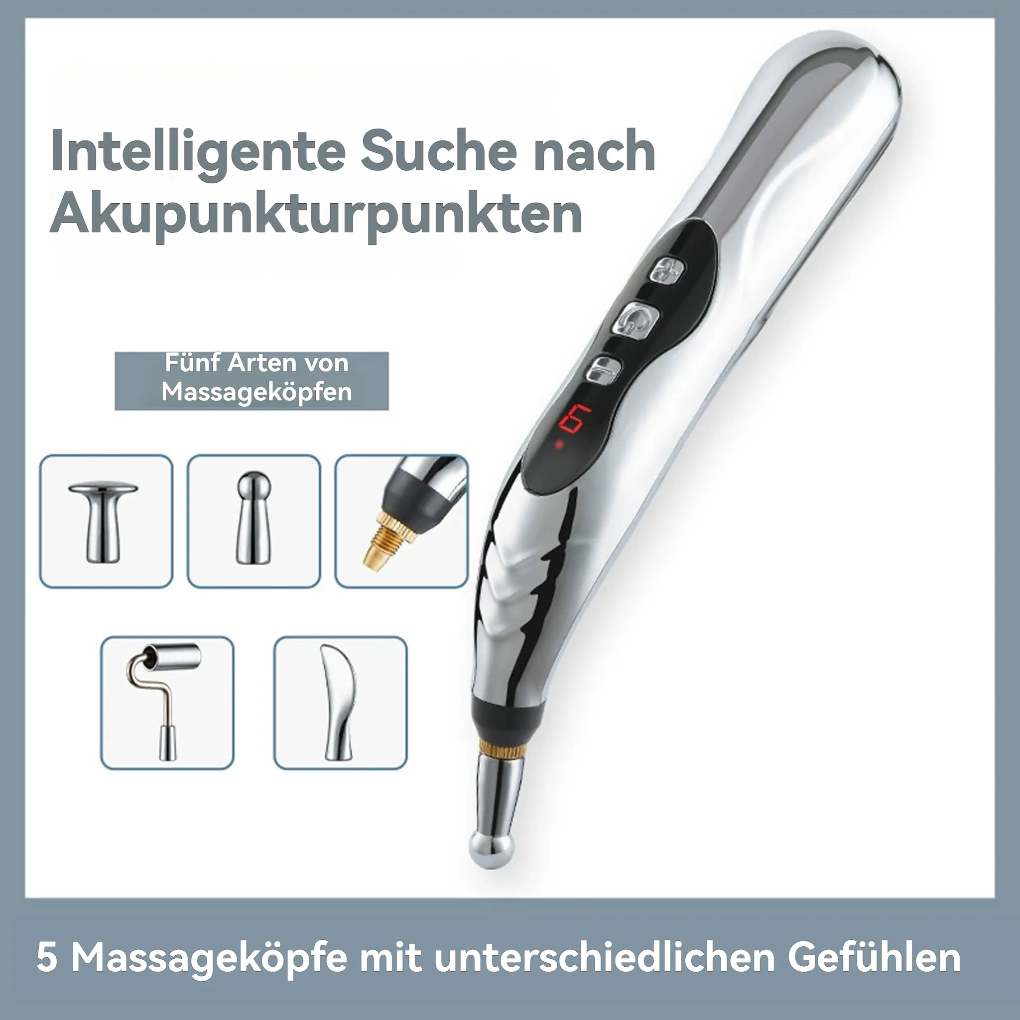 Akupunkturpunkt-Suchgerät mit fünf Massageköpfen. Es ist silber und schwarz mit Digitalanzeige. Text auf Deutsch ist sichtbar.