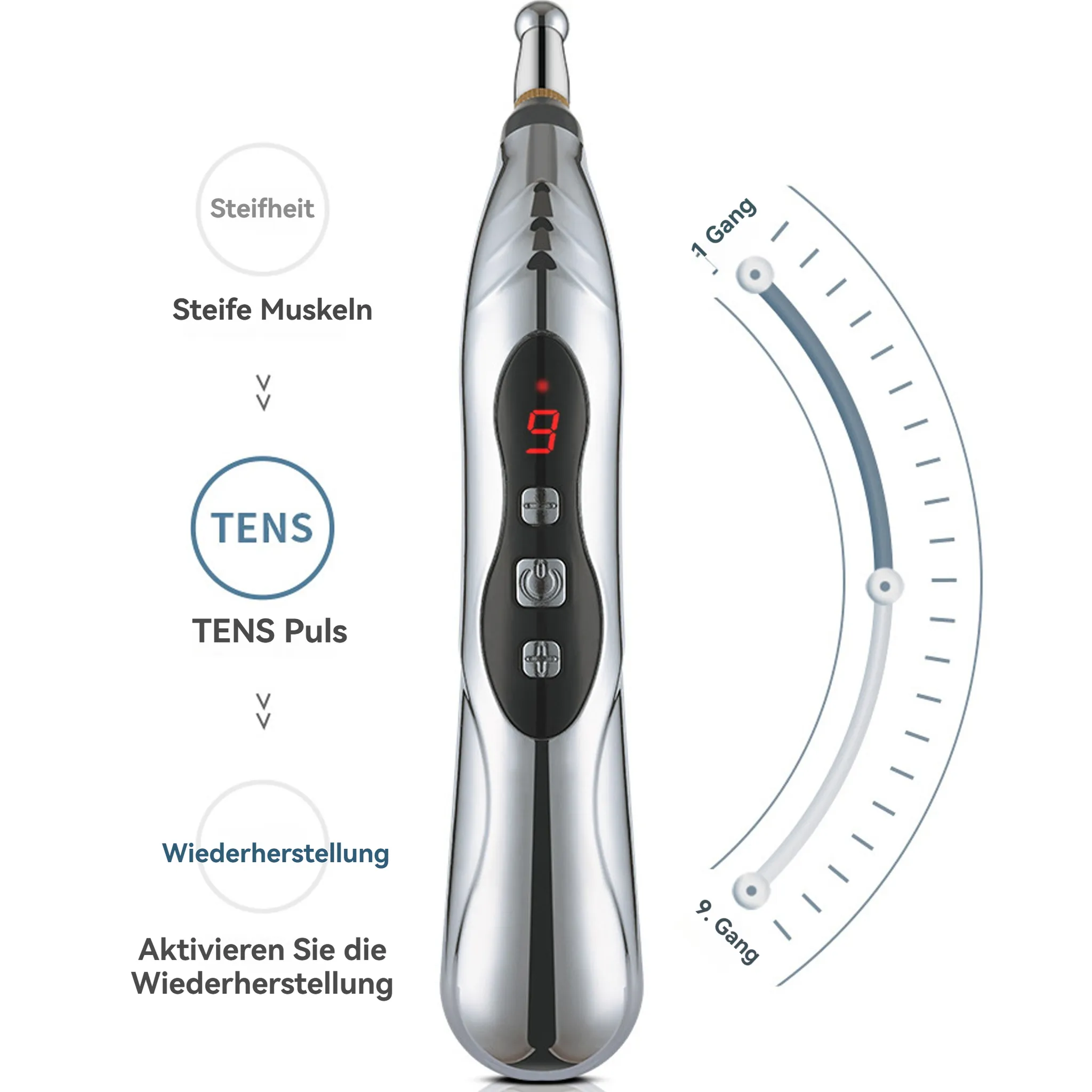 Ein silberner Akupunkturstift mit digitaler Anzeige '9'. Er hat Knöpfe und eine Leistungsanzeige.