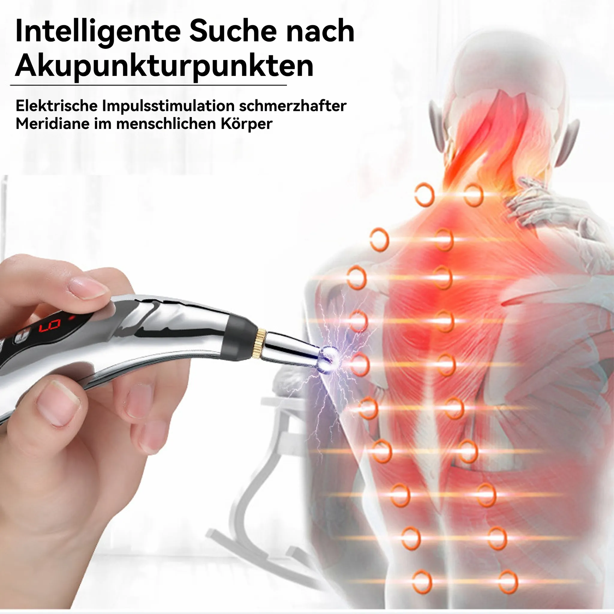 Eine Hand hält ein Gerät in der Nähe eines Rückens. Der Rücken zeigt rote Muskeln mit orangefarbenen Kreisen. Text über Akupunktur ist vorhanden.