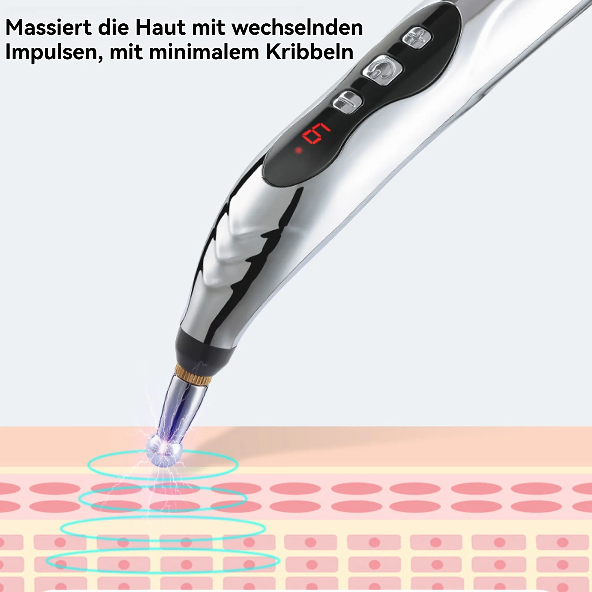 Ein Handgerät, das Energie auf Hautschichten abgibt. Das Gerät hat eine Digitalanzeige und gibt elektrische Impulse ab.