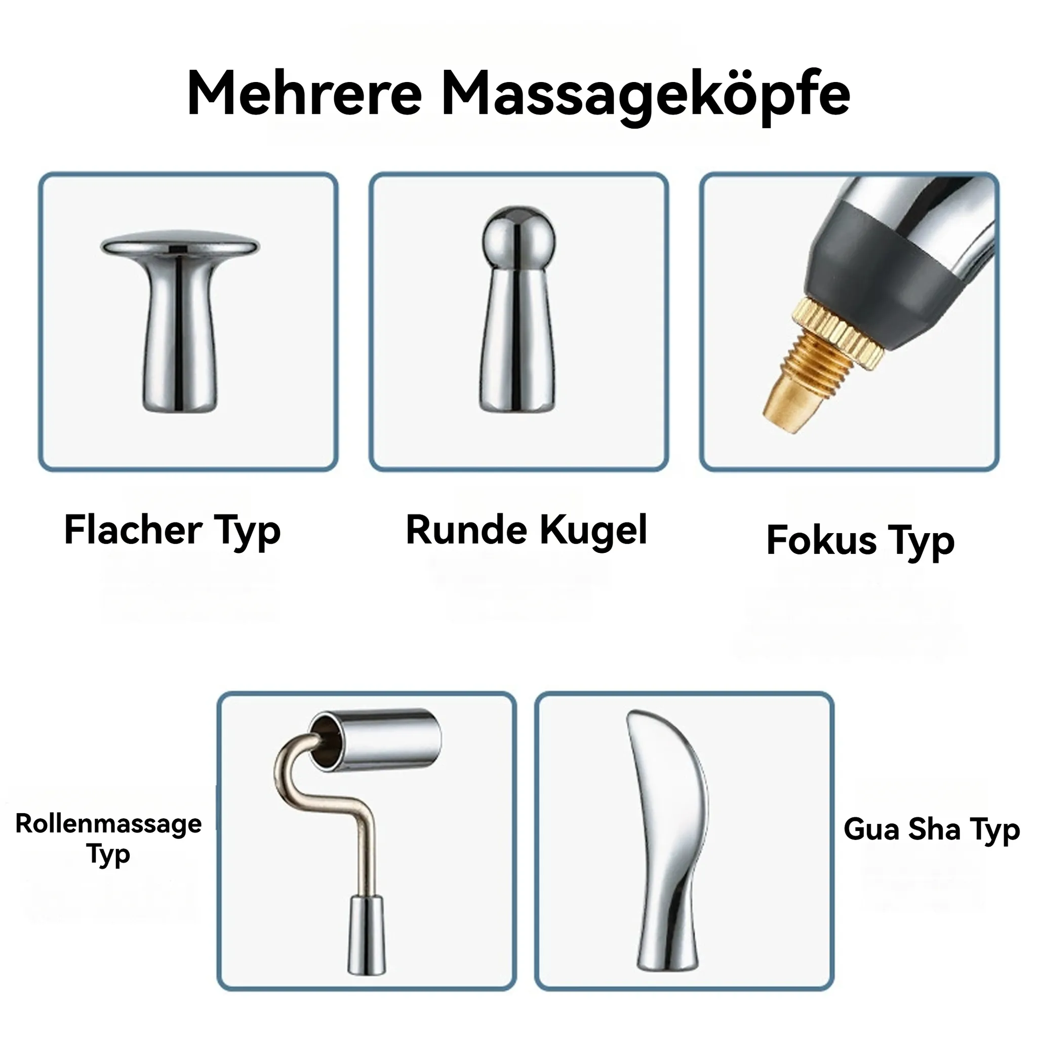 Das Bild zeigt fünf Massageköpfe: flach, runde Kugel, Fokus, Rolle und Gua-Sha-Typ, jeweils mit Text darunter.
