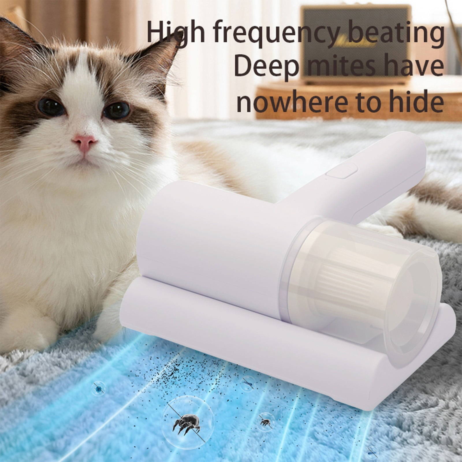 Eine weiße Katze und ein weißes Reinigungsgerät liegen auf einem grauen Teppich. Blaue Linien und Milben sind im Vordergrund.