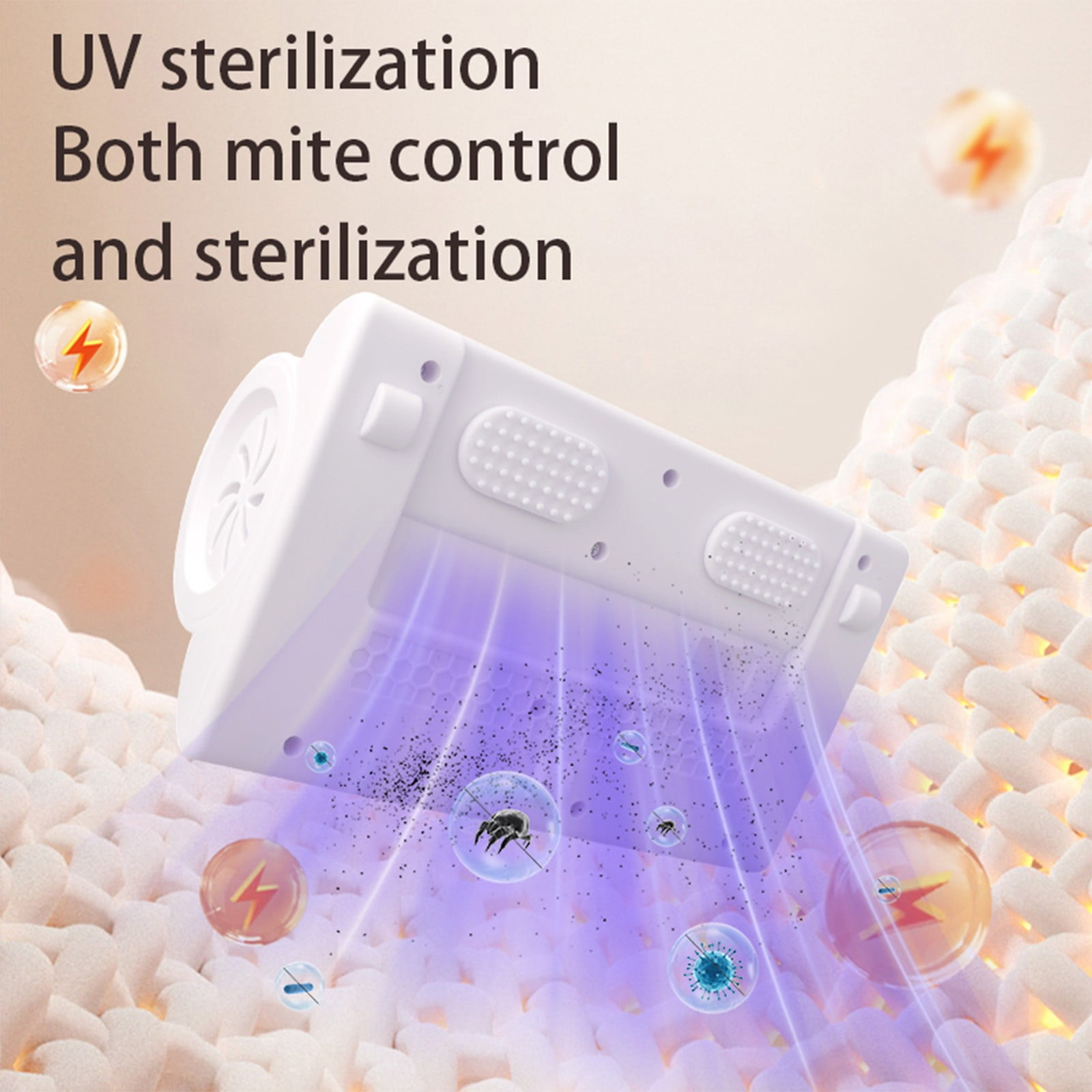Ein weißer UV-Sterilisator strahlt violettes Licht auf eine strukturierte Oberfläche, mit schwebenden Partikeln und Energiesymbolen.