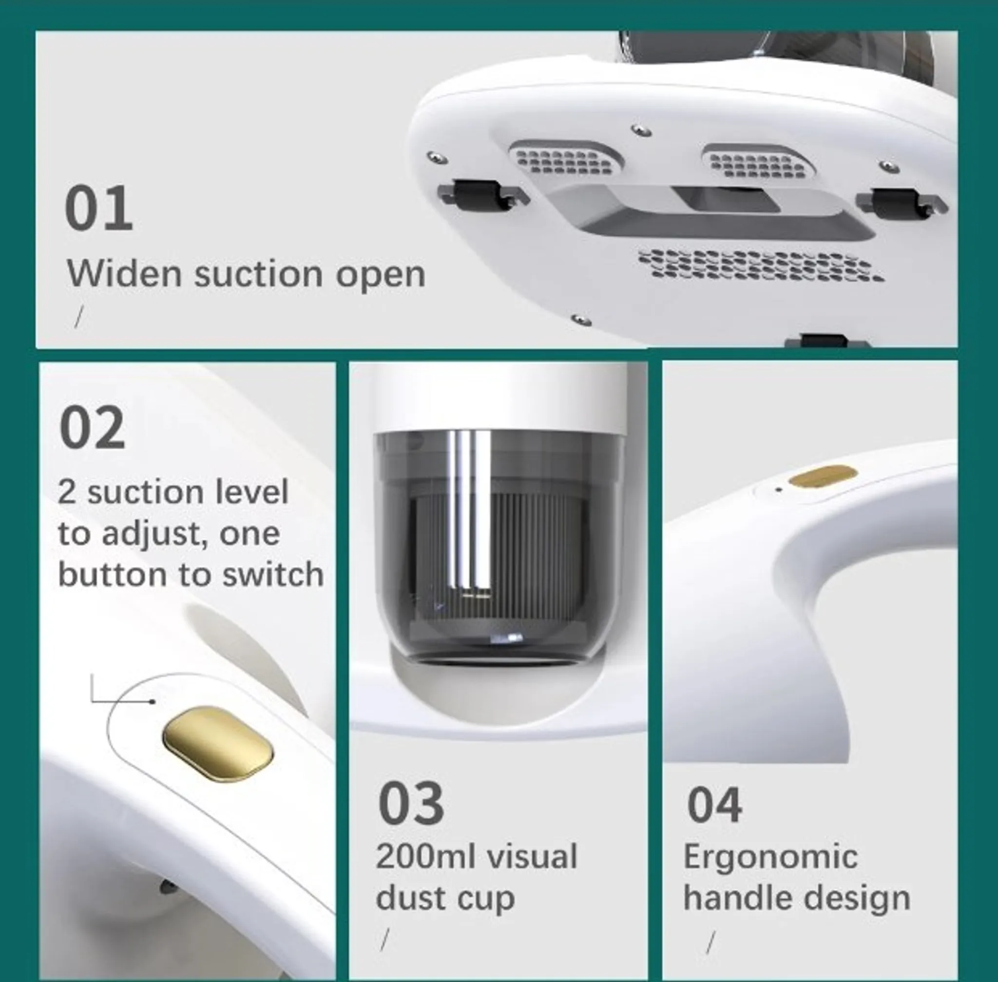 Das Bild zeigt Teile eines weißen Staubsaugers. Details umfassen Saugöffnung, Staubbehälter, Knopf und ergonomischen Griff.