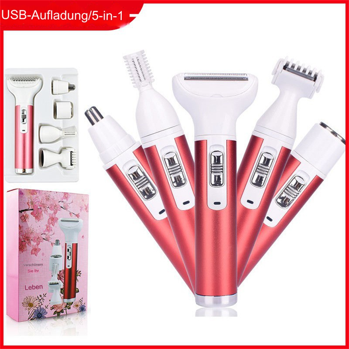 Ein 5-in-1-Rasierer-Set in Rosa und Weiß. Enthält Rasierer, Aufsätze und Schachtel mit Blumendesign.