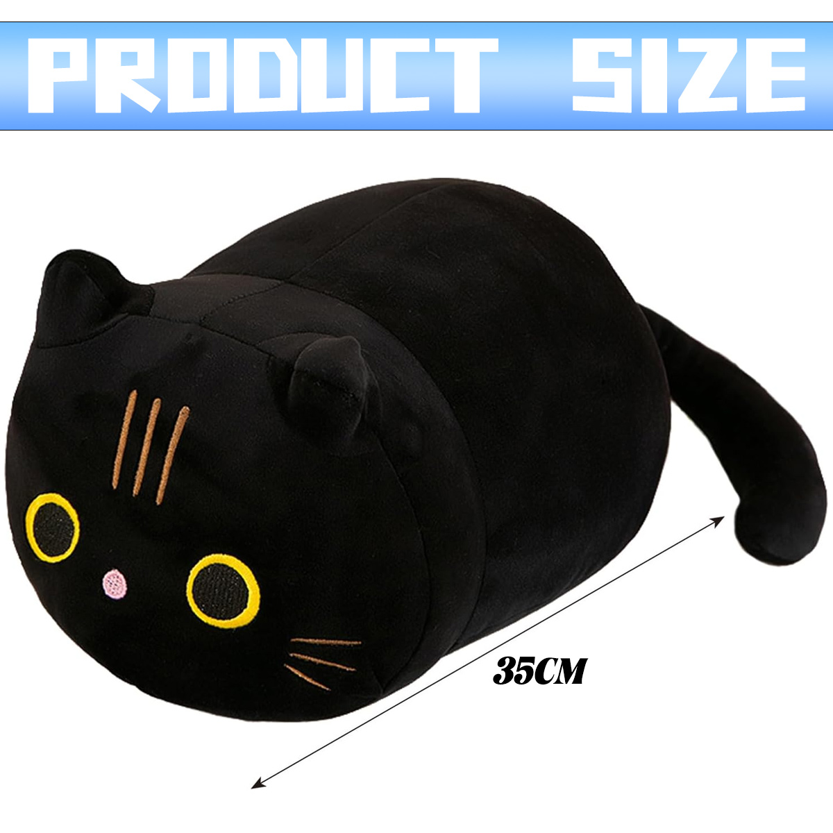 Ein schwarzes Katzen-Plüschtier mit gelben Augen und Schnurrhaaren. Text oben lautet 'PRODUCT SIZE', und die Größe beträgt 35 cm.