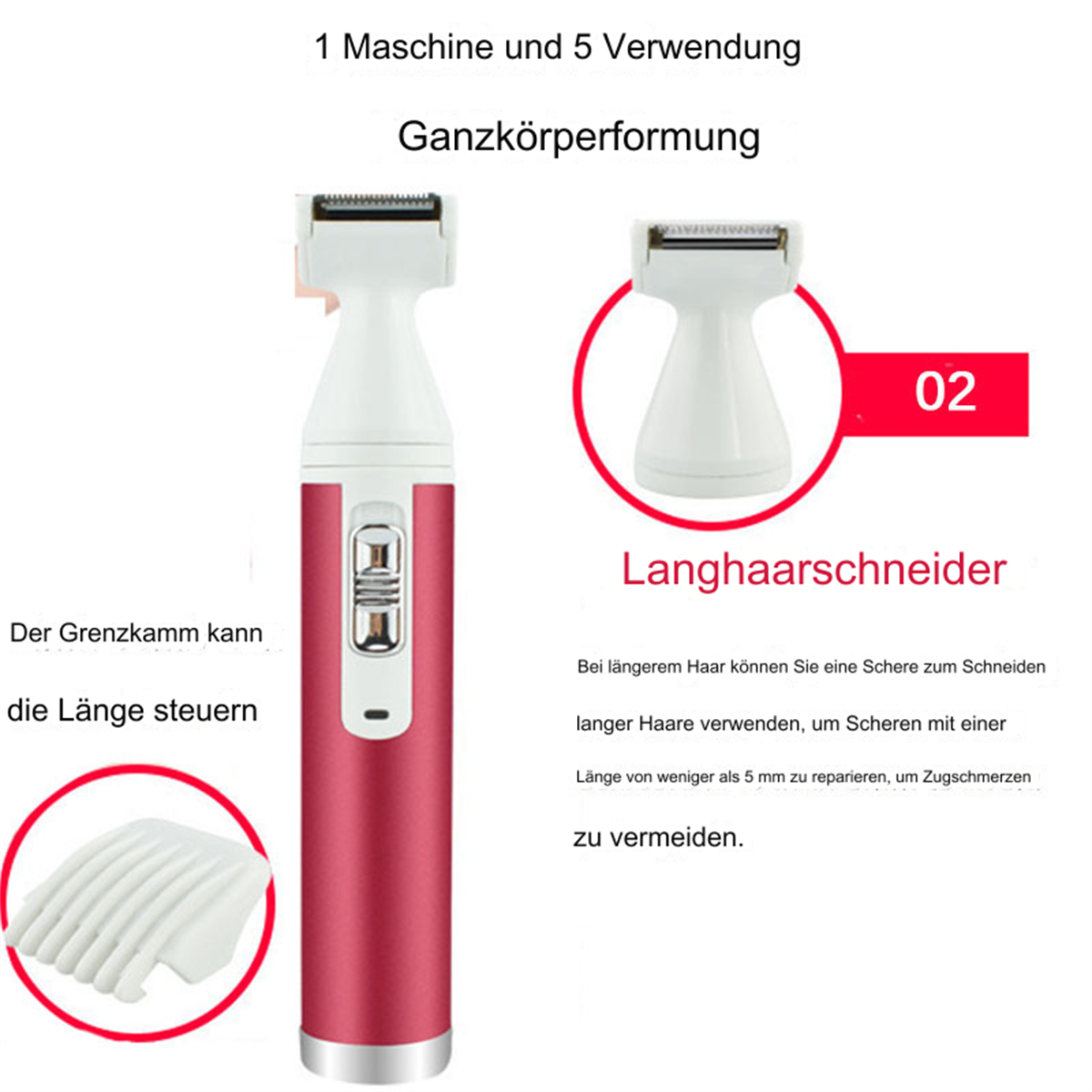 Das Bild zeigt einen rot-weißen Elektrorasierer mit Trimmerkopf und Kammaufsatz. Text auf Deutsch beschreibt seine Funktionen.
