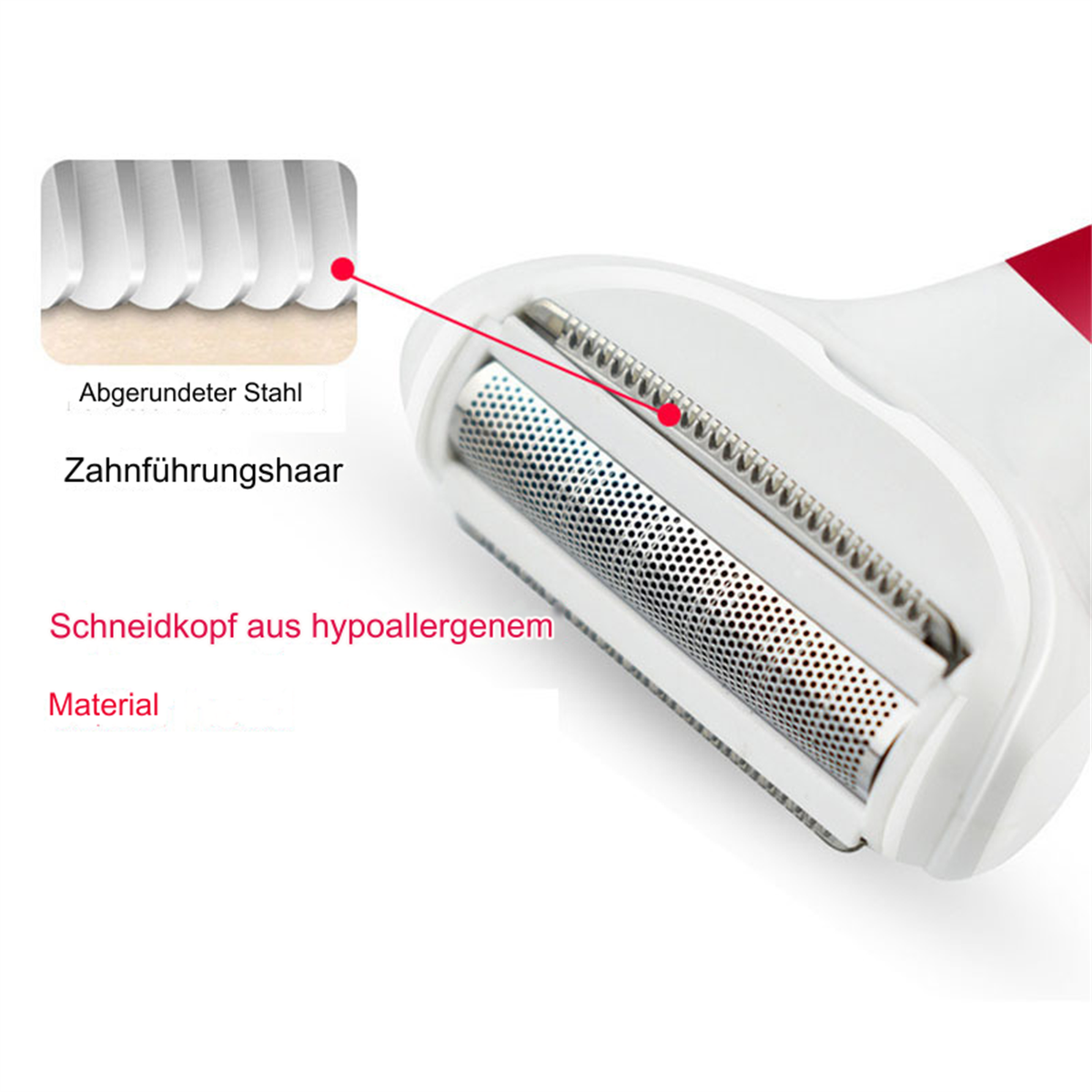 Nahaufnahme eines weißen und roten Elektrorasiererkopfes. Eine detaillierte Ansicht zeigt die Klingen, das Netz und Textbeschriftungen auf Deutsch.