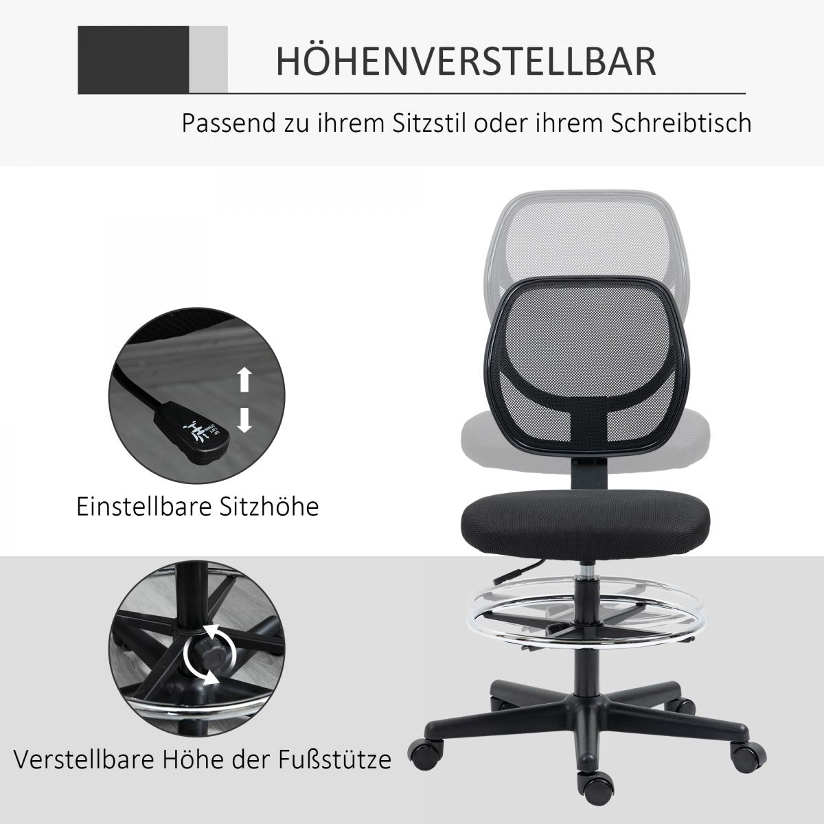 Schwarzer Bürostuhl mit höhenverstellbarer Rückenlehne und Fußstütze. Weißer Hintergrund. Text: Höhenverstellbar.