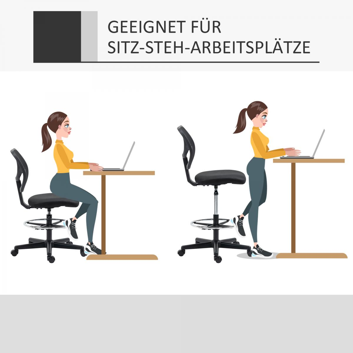 Das Bild zeigt zwei Frauen an Schreibtischen, eine sitzend, eine stehend. Der Text oben lautet: Geeignet für Sitz-Steh-Arbeitsplätze.