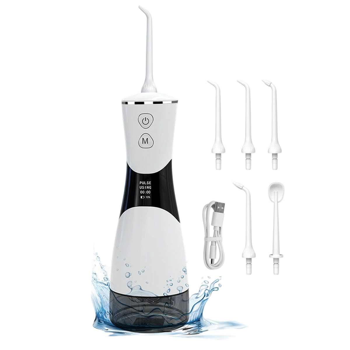 Ein weiß-schwarzer Wasserflosser mit verschiedenen austauschbaren Spitzen, einem USB-Kabel und herausspritzendem Wasser. Das Gerät hat Knöpfe und ein Display.