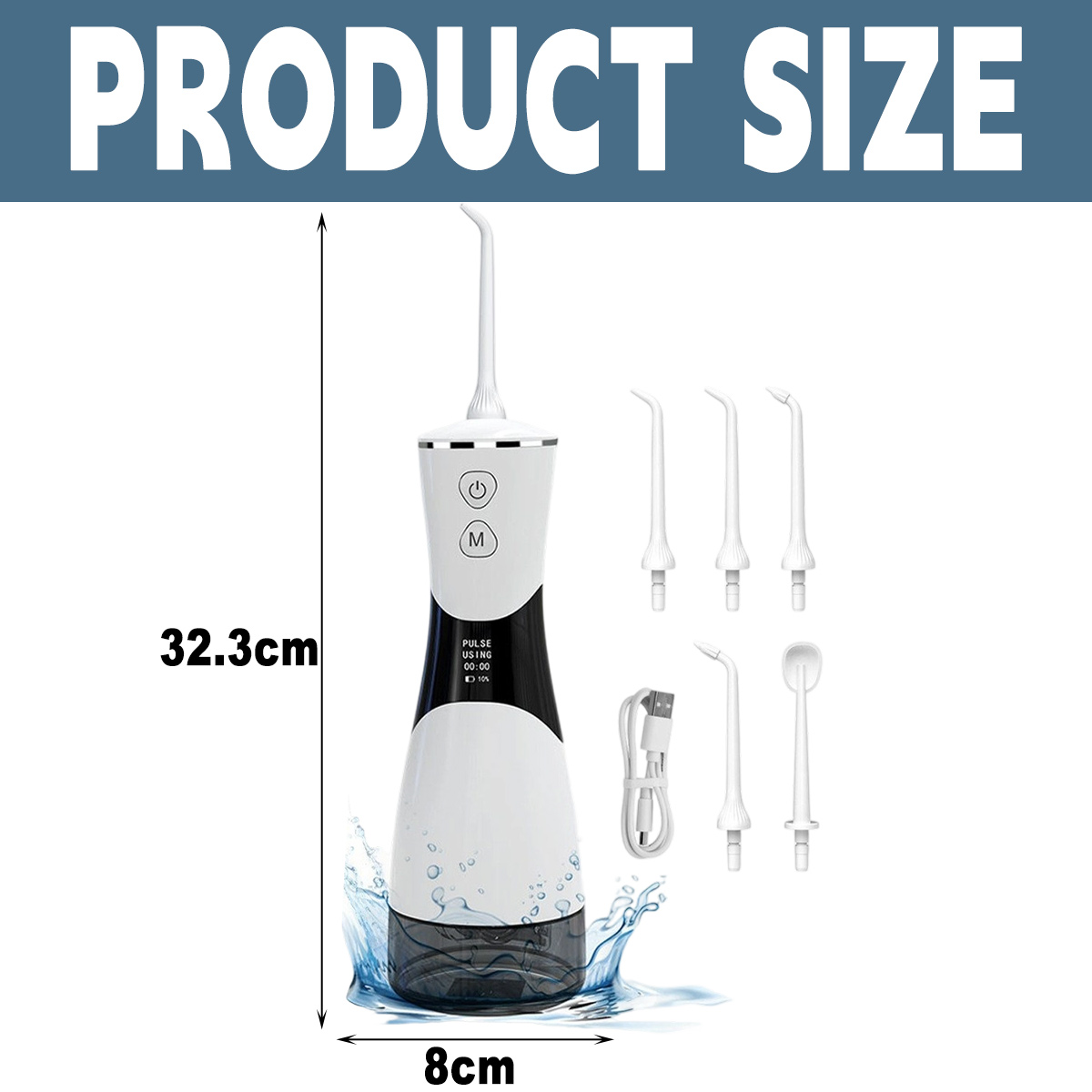 Ein weißer und schwarzer Wasserflosser mit verschiedenen Aufsätzen und einem Ladekabel. Abmessungen: 32,3 cm hoch, 8 cm breit.