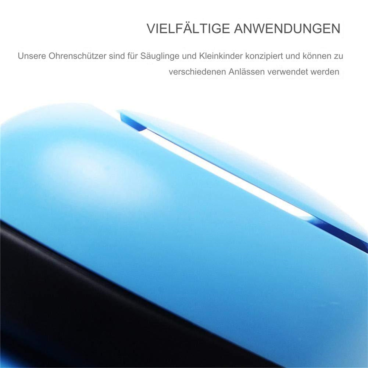 Nahaufnahme eines blau-schwarzen Objekts mit deutschem Text. Der Text weist auf ein Produkt für Babys und Kinder hin.