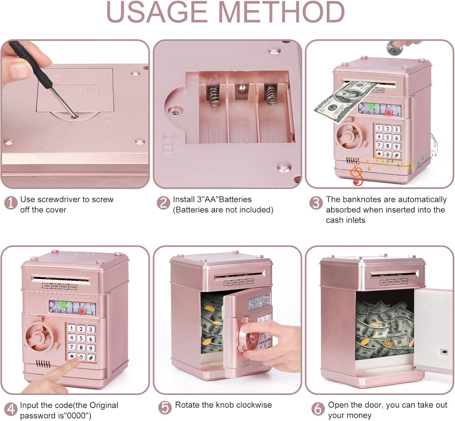 Anleitung für eine rosa Spardose: abschrauben, Batterien einlegen, Geld einwerfen, Code eingeben, Knopf drehen, Tür öffnen.