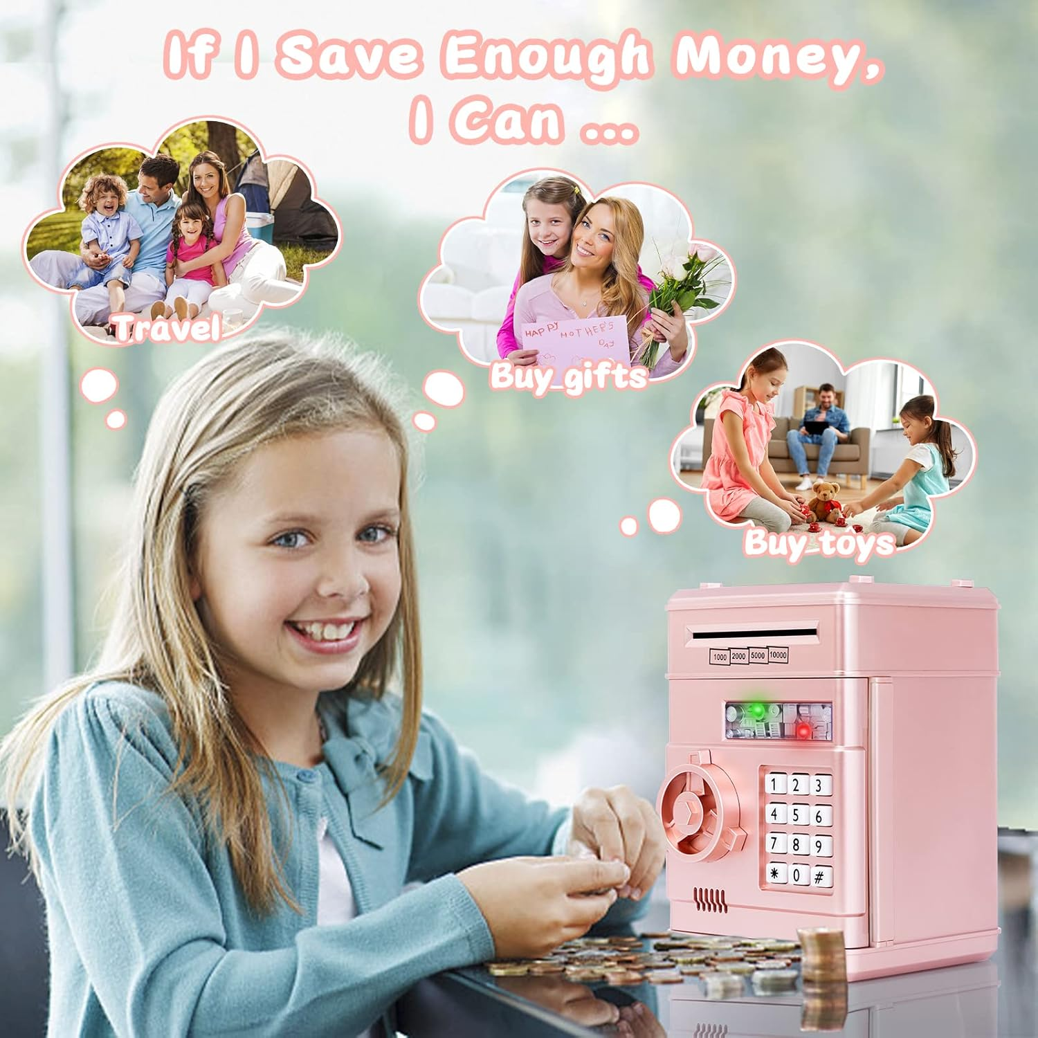Ein Mädchen lächelt eine rosa Spardose an. Gedankenblasen zeigen Familie, Geschenke und Spielzeug. Münzen liegen auf dem Tisch.