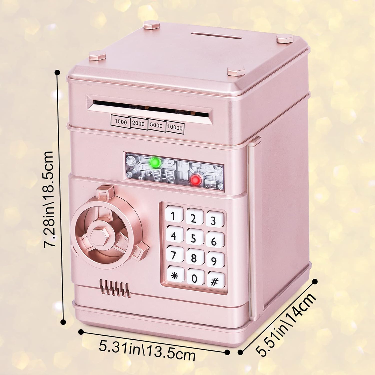 Rosa metallische Spardose mit Tastatur, Schlitz und Drehknopf. Abmessungen werden angezeigt. Zahlen 1-9 und Symbole sind auf der Tastatur.