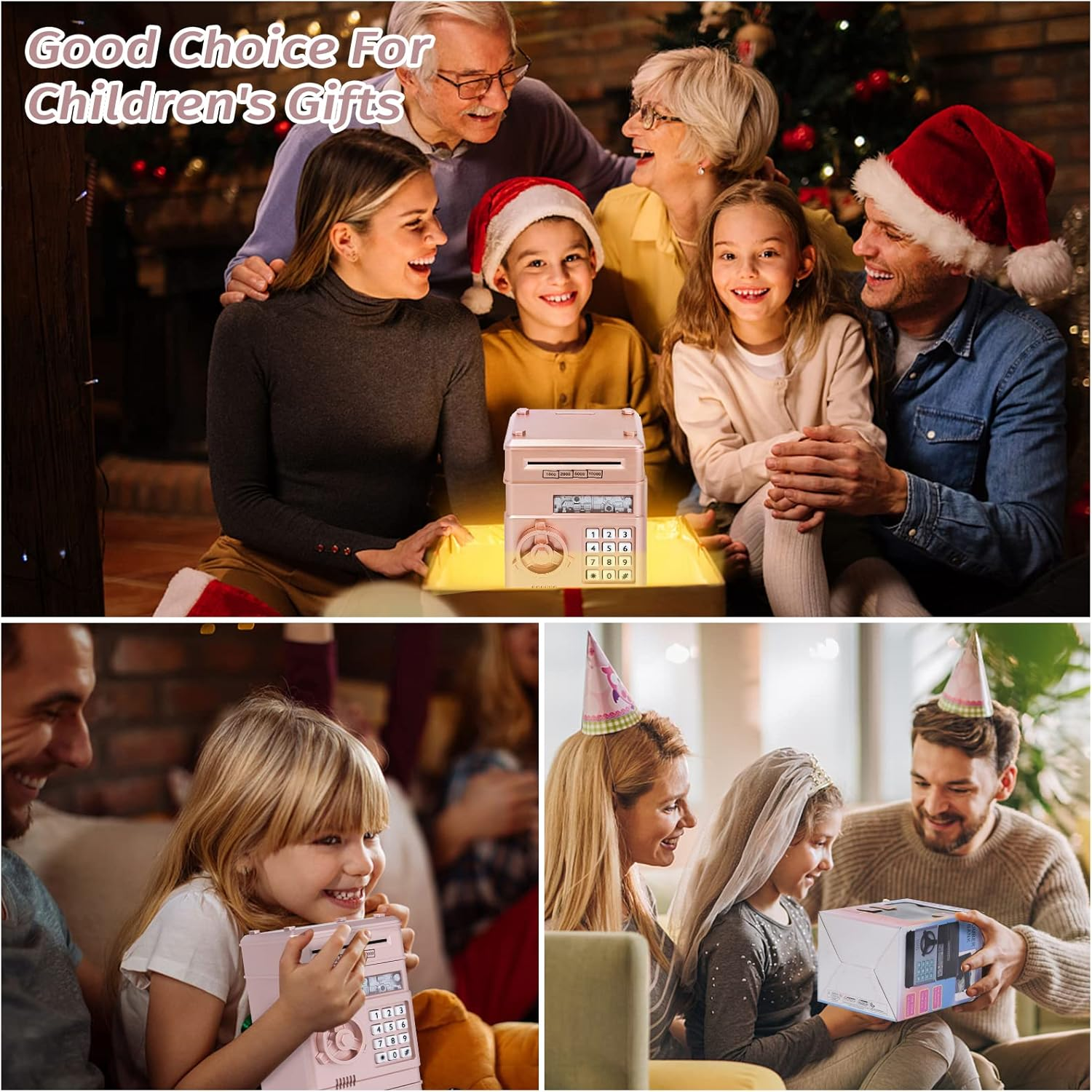 Familie feiert Weihnachten und schenkt ein rosa Sparschwein. Menschen tragen Weihnachtsmützen und lächeln. Ein Kind freut sich, es zu öffnen.