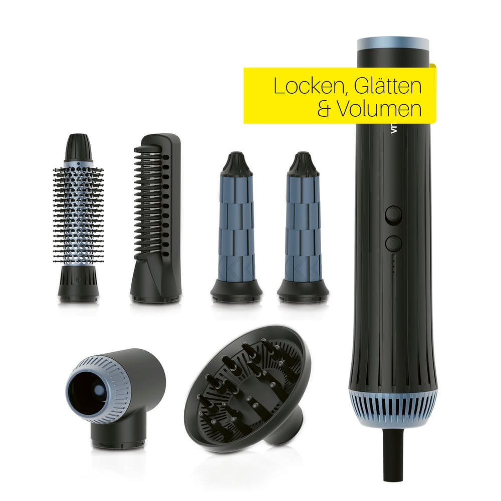Ein Haarstyling-Set mit verschiedenen Aufsätzen, darunter Bürsten, Diffusoren und ein Hauptgerät, alles in Schwarz und Blau auf weißem Hintergrund.