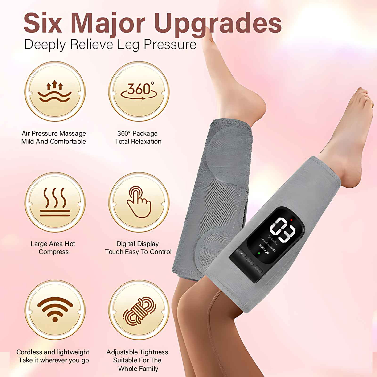 Das Bild zeigt Beinmassager mit Bedienfeldern und Text, der Upgrades wie Luftdruckmassage und Digitalanzeige beschreibt.