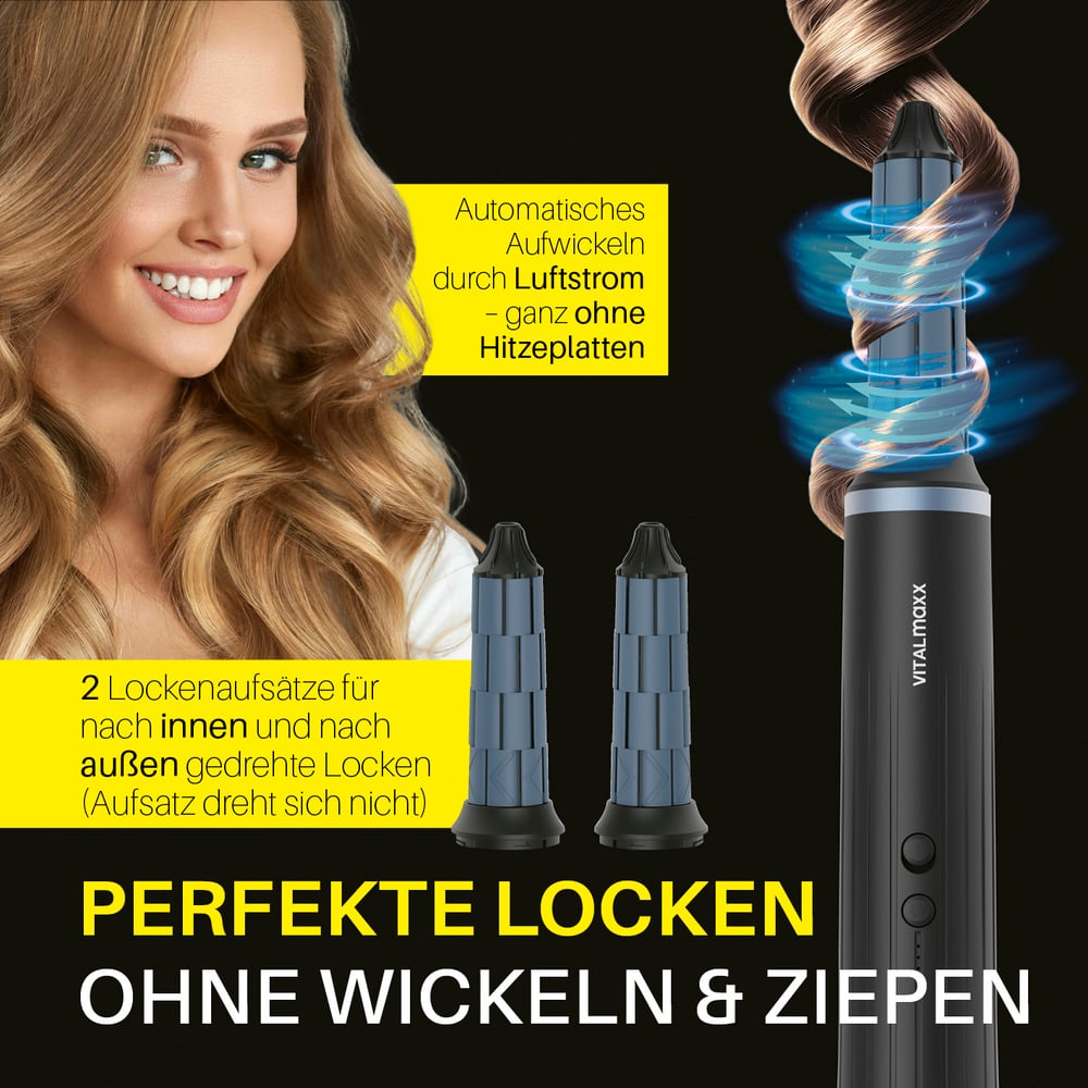 Eine Frau lächelt neben einem Lockenstab. Text sagt: perfekte Locken ohne Wickeln. Der Lockenstab hat zwei Aufsätze.
