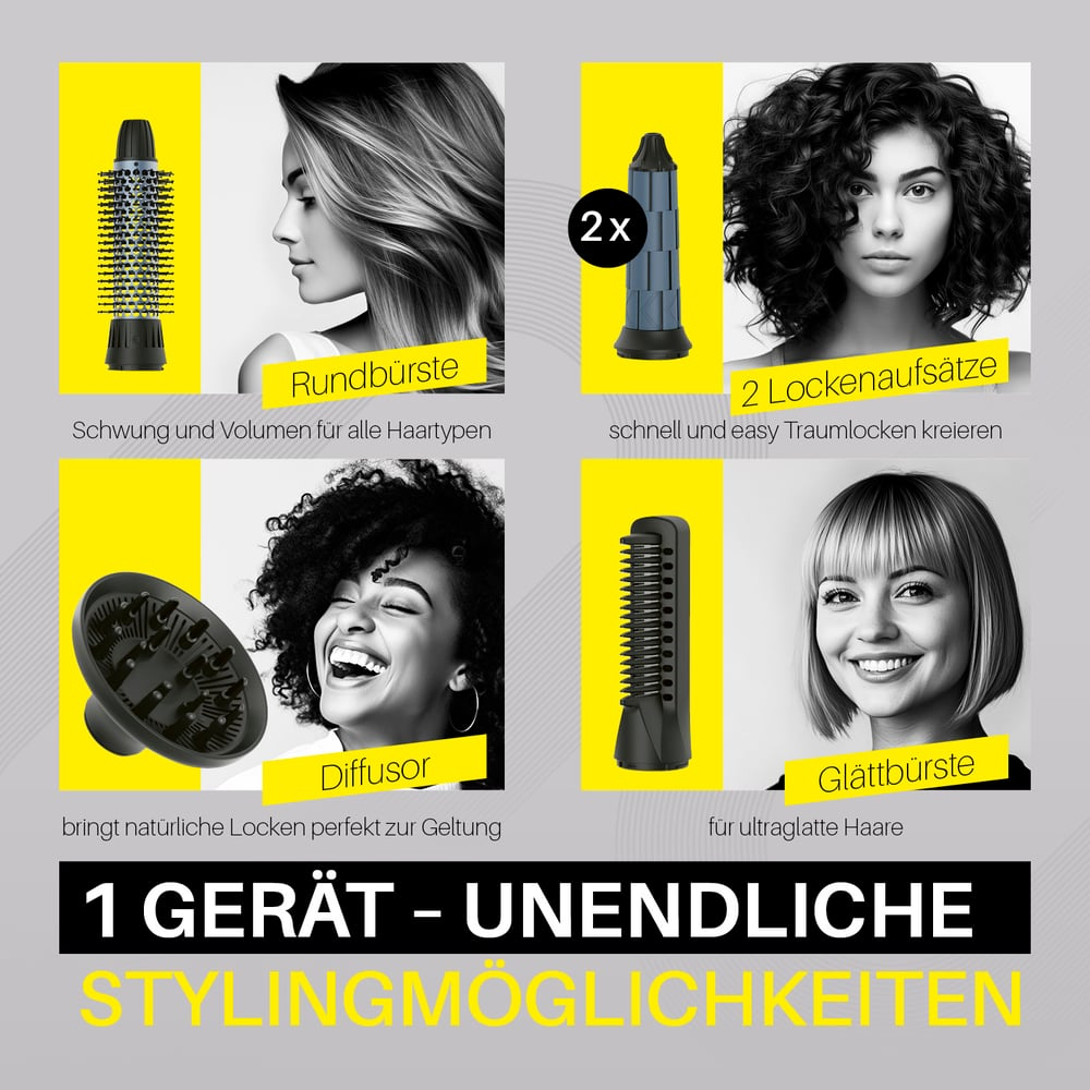 Das Bild zeigt Haarstyling-Tools mit Models. Enthält Rundbürste, Lockenaufsätze, Diffusor und Glättbürste. Text: 1 Gerät, unendliches Styling.