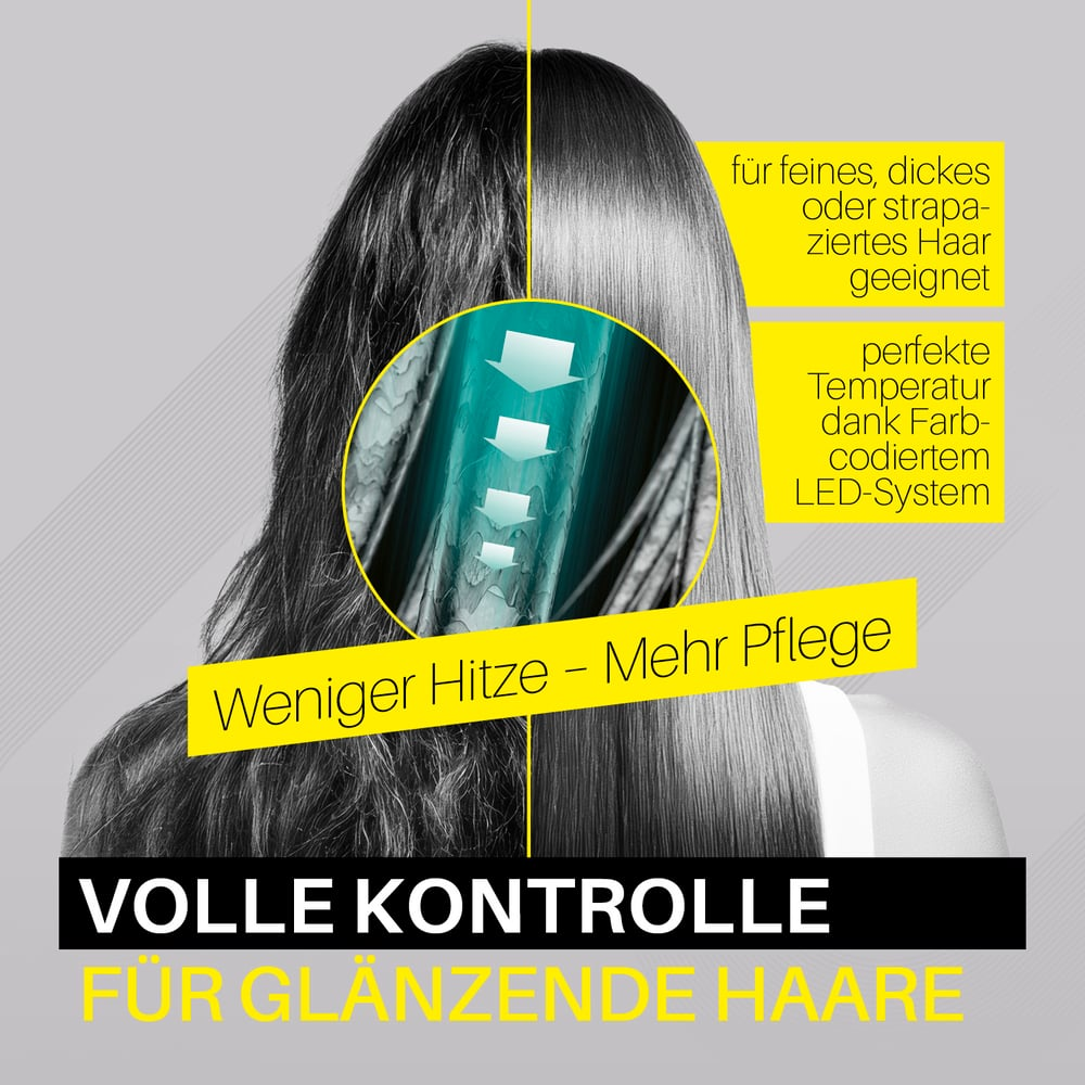Das Bild zeigt Haare vor und nach der Behandlung. Der Text hebt Vorteile hervor: weniger Hitze, mehr Pflege, volle Kontrolle und glänzendes Haar.