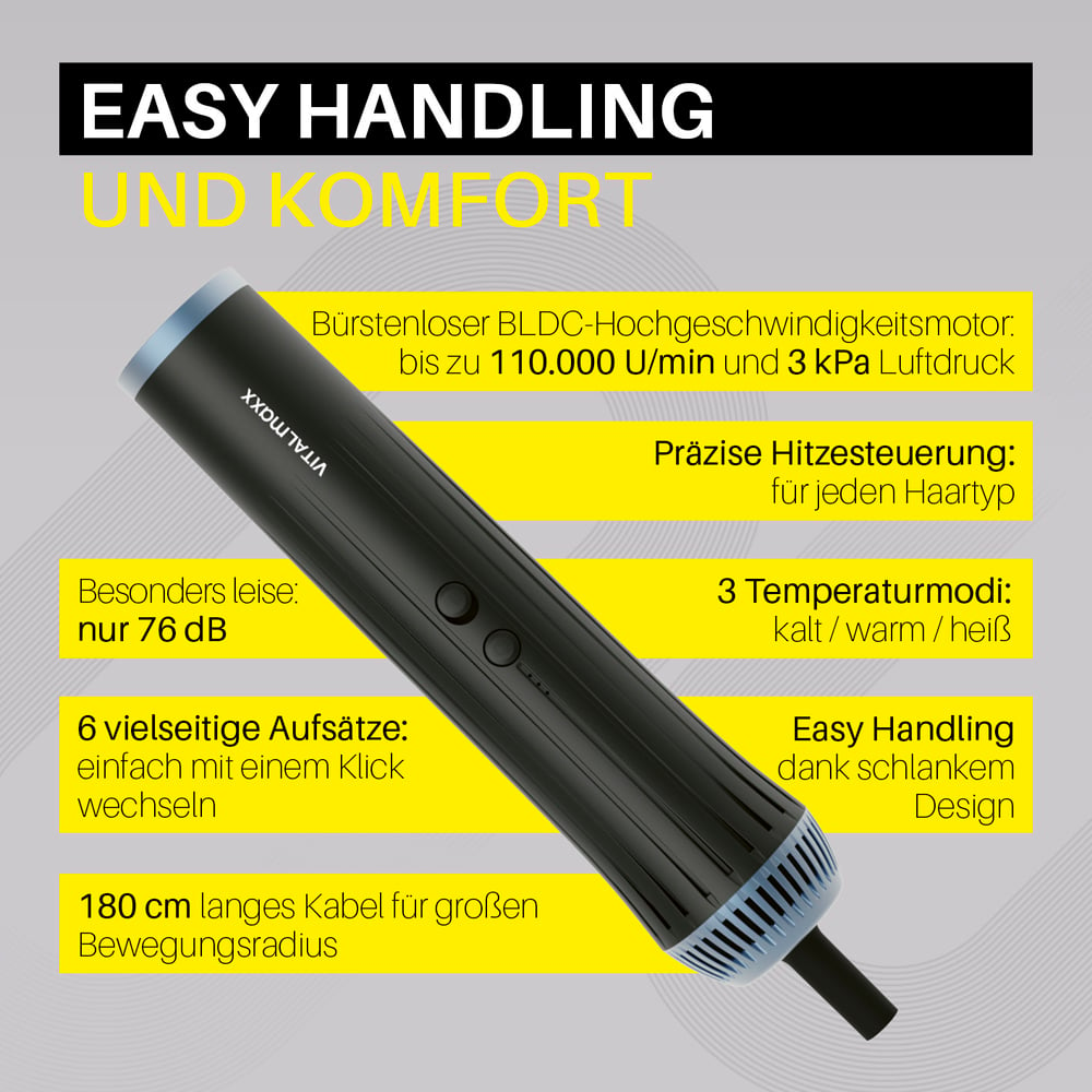 Schwarzes Haarstyling-Werkzeug mit Textbeschriftungen, darunter 'Easy Handling' und 'Präzise Hitzesteuerung'.