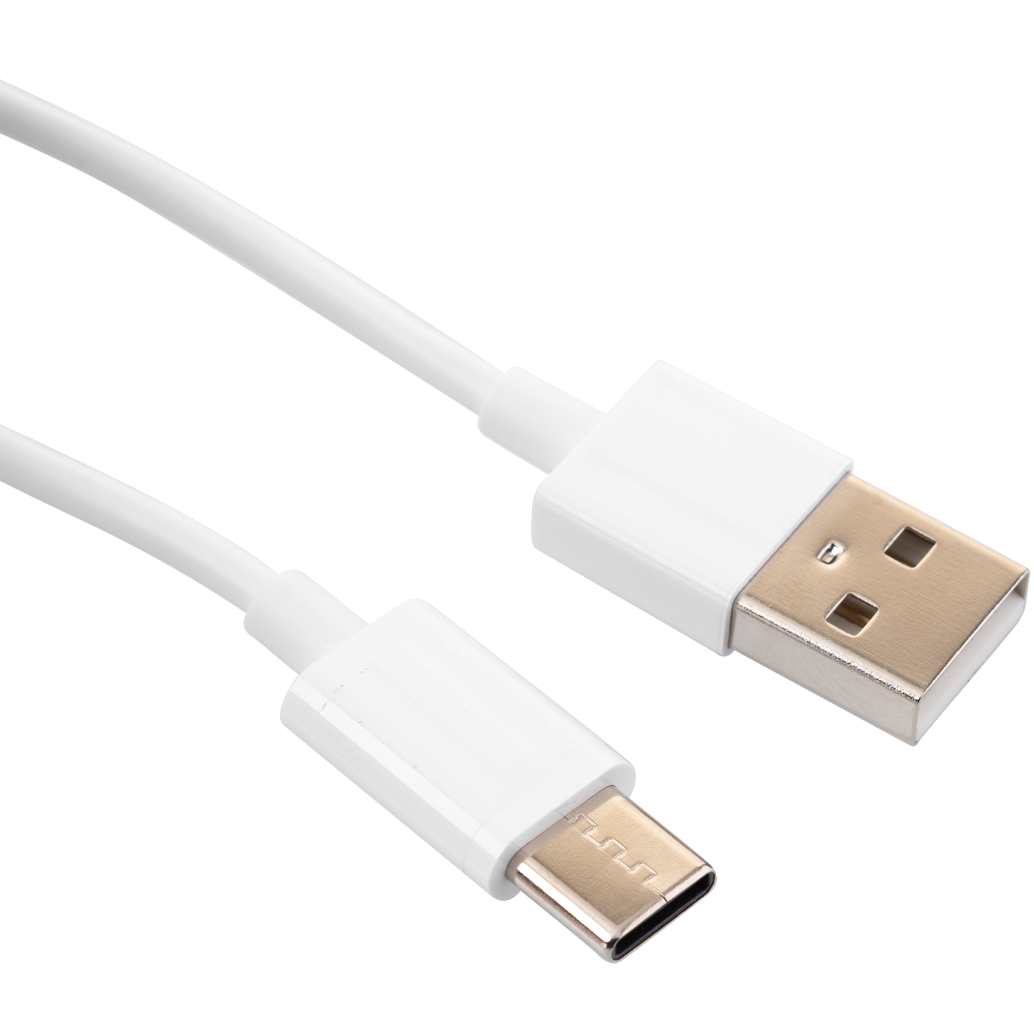 Ein weißes USB-Kabel mit USB-A- und USB-C-Anschlüssen vor weißem Hintergrund.